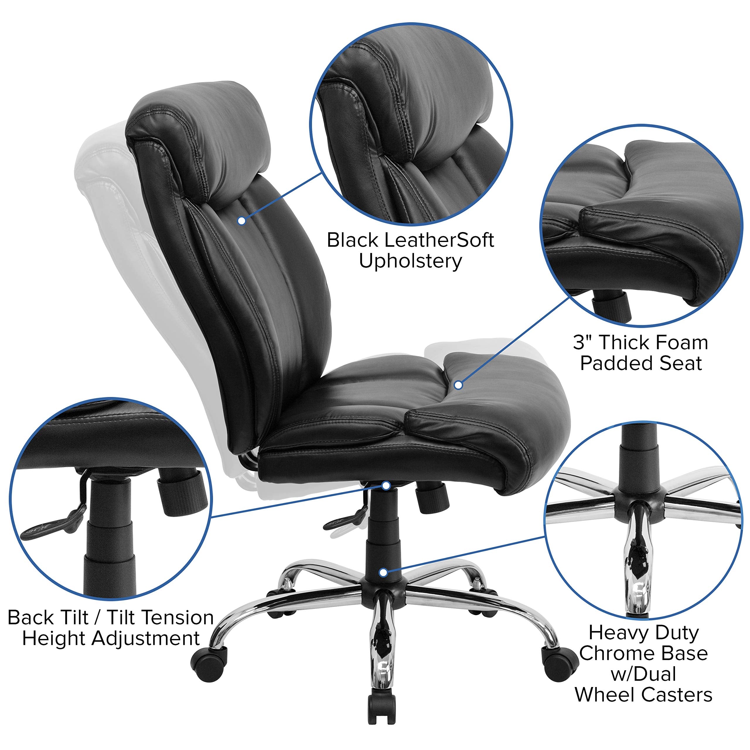 Flash Furniture Hercules Series Big & Tall LeatherSoft Swivel Office Chair, Ergonomic High-Back Executive Chair with Full Headrest, Padded Seat, Black