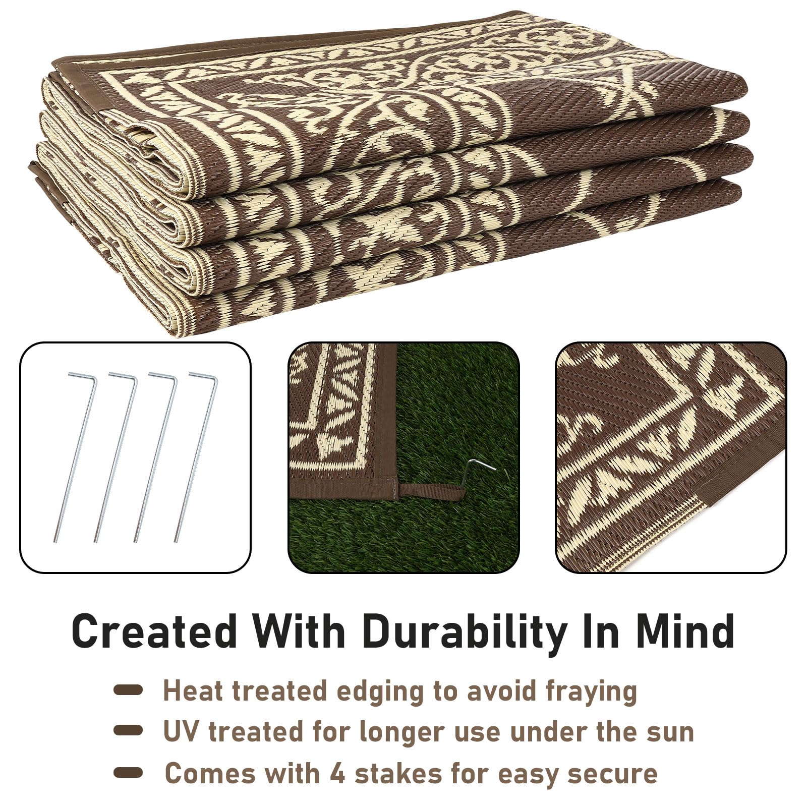 Hiiarug 9X12 Outdoor Rugs Outdoor Patio Rug, Reversible Waterproof Plastic Straw Rug Large Outdoor Rug (9X12Ft, Brown)