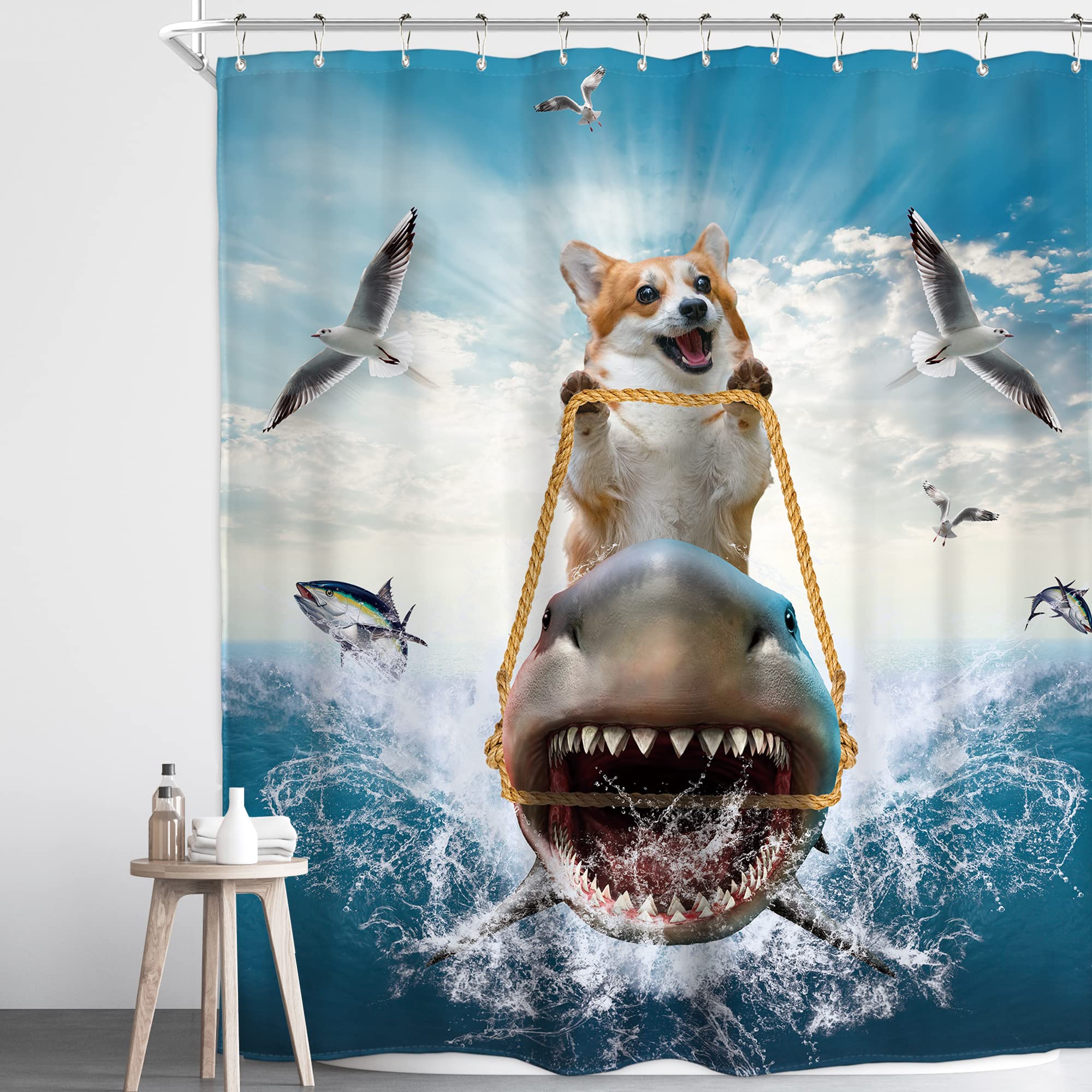 Homewelle Funny Dog Kids Shower Curtain Boy 60Wx72H Inch Corgi Riding Shark Ocean Sea Nutical Hilarious Waves Seagull Fish Cool