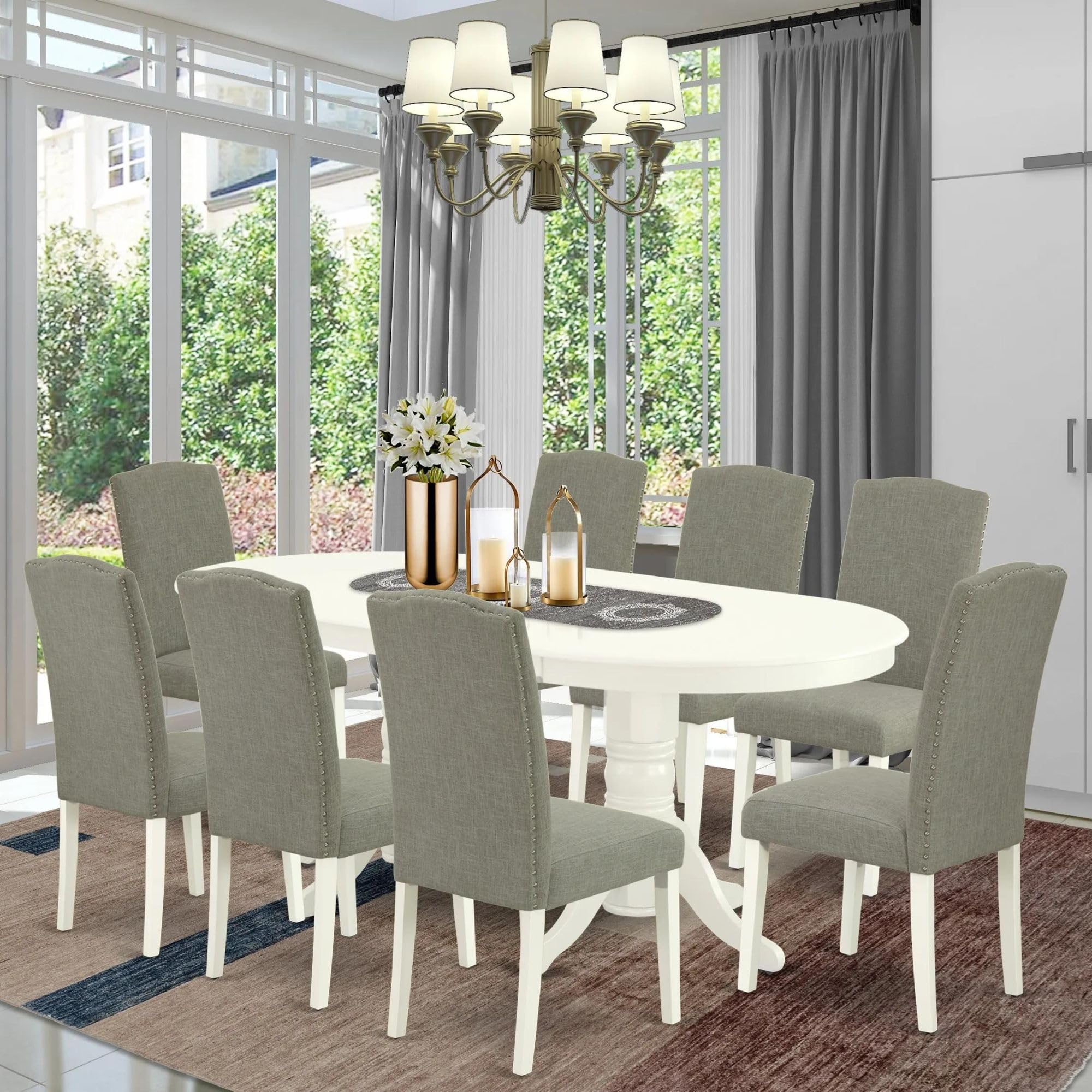 East West Furniture Vaen9-Lwh-06 9 Piece Kitchen Table Set Includes An Oval Dining Table With Butterfly Leaf And 8 Dark Shitake Linen Fabric Parson Dining Chairs, 40X76 Inch, Linen White