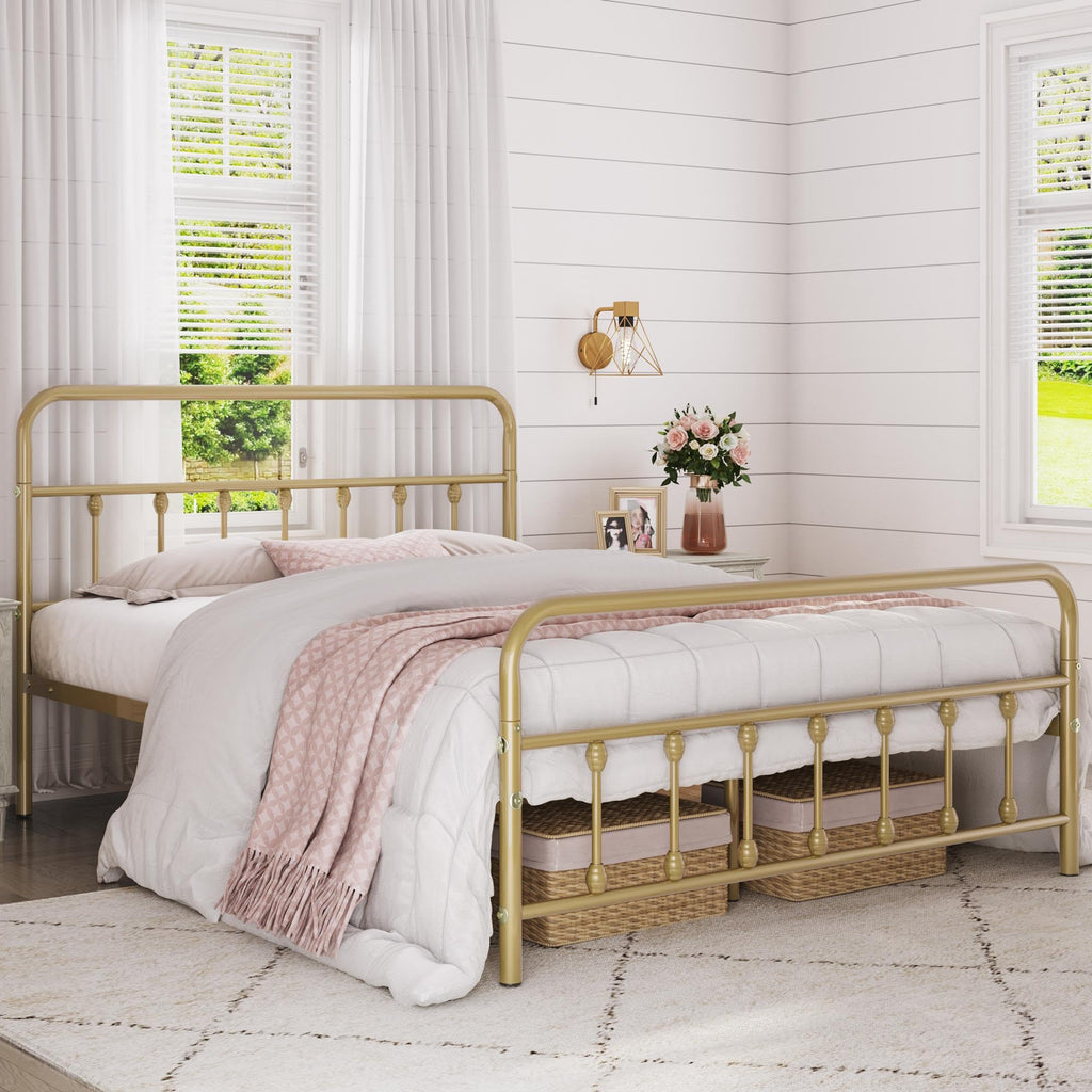 Yaheetech Classic Metal Platform Bed Frame Mattress Foundation With Victorian Style Iron-Art Headboard/Footboard/Under Bed Storage No Box Spring Needed Full Size Antique Gold