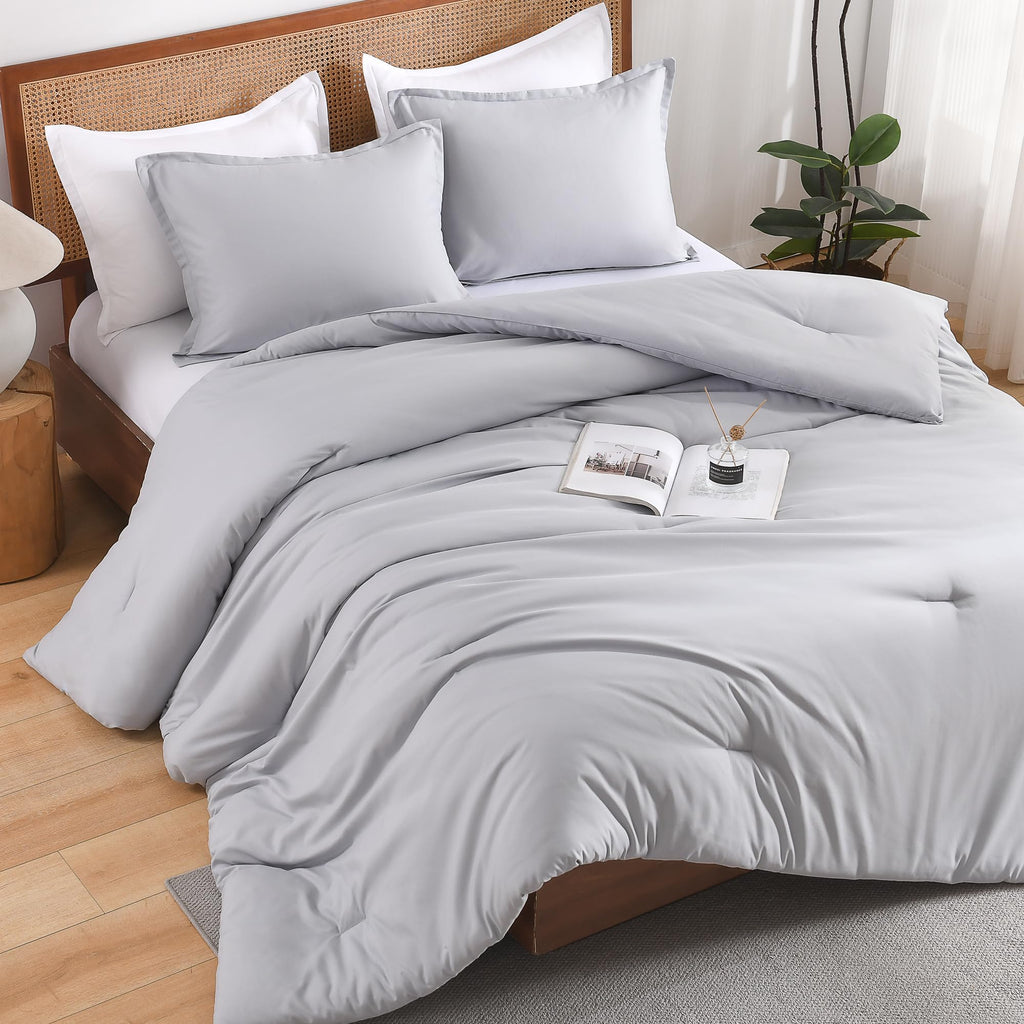 Andency Silver Grey King Size Comforter Set, 3 Pieces Lightweight Fluffy Solid Bedding Comforter, All Season Soft Microfiber Bed Sets