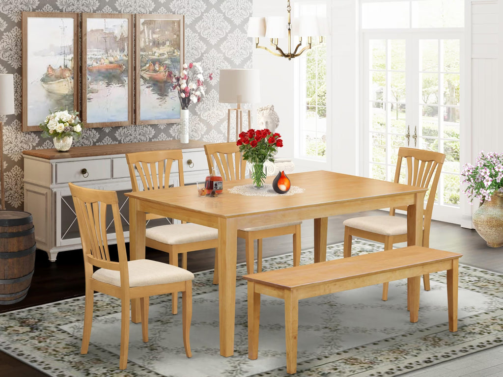 East West Furniture CAAV6-OAK-C 6 Piece Dining Room Furniture Set Contains a Rectangle Kitchen Table and 4 Linen Fabric Dining Chairs with a Bench, 36x60 Inch, Oak
