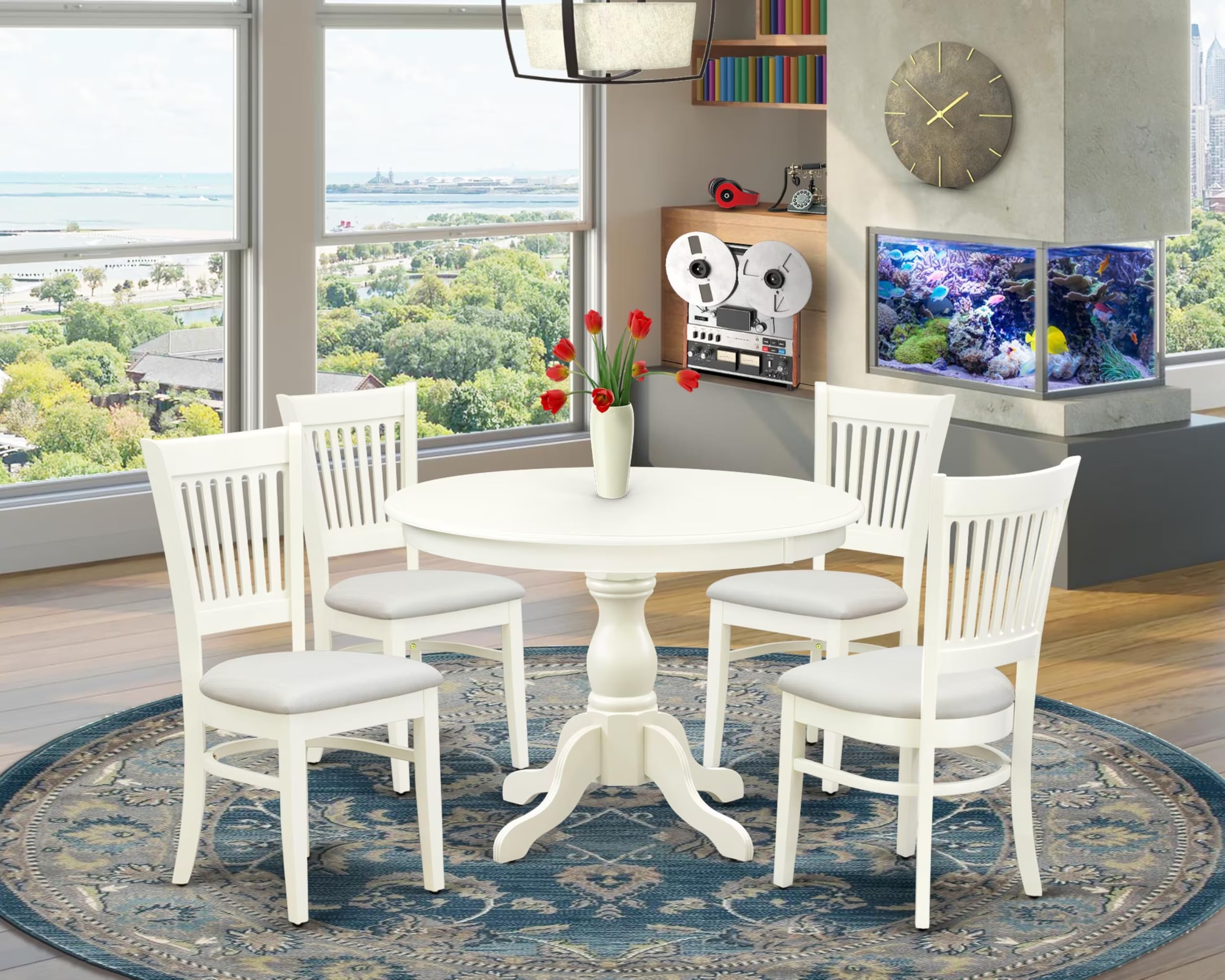 East West Furniture Hbva5-Lwh-C 5 Piece Dining Table Set For 4 Includes A Round Kitchen Table With Pedestal And 4 Linen Fabric Upholstered Dinette Chairs, 42X42 Inch, Linen White