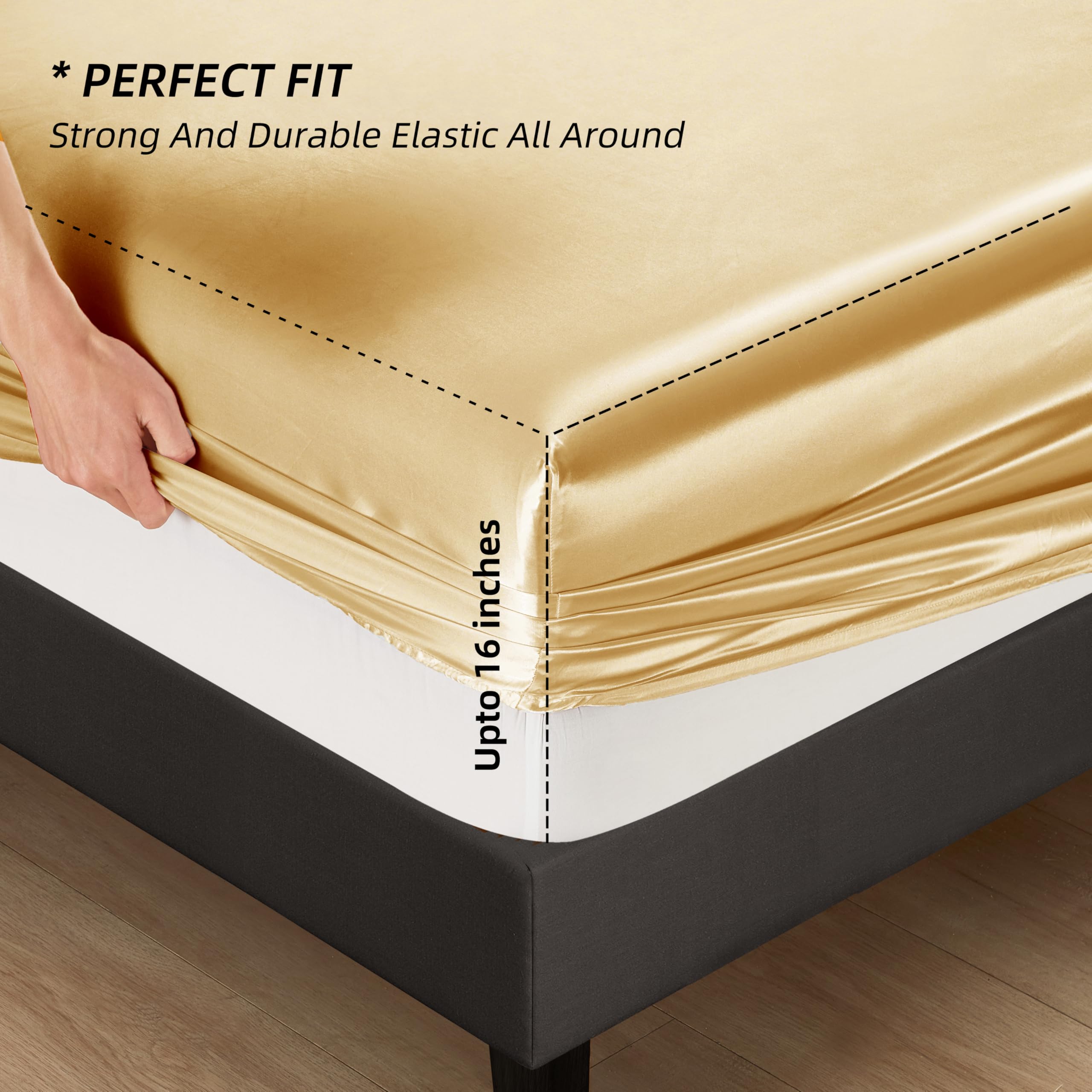 Hommxjf 5Pcs Gold Silky Satin Sheets Full Satin Sheets Set Silky Comforter Bedding Sheets With 1 Satin Flat Sheet,1Deep Pocket F