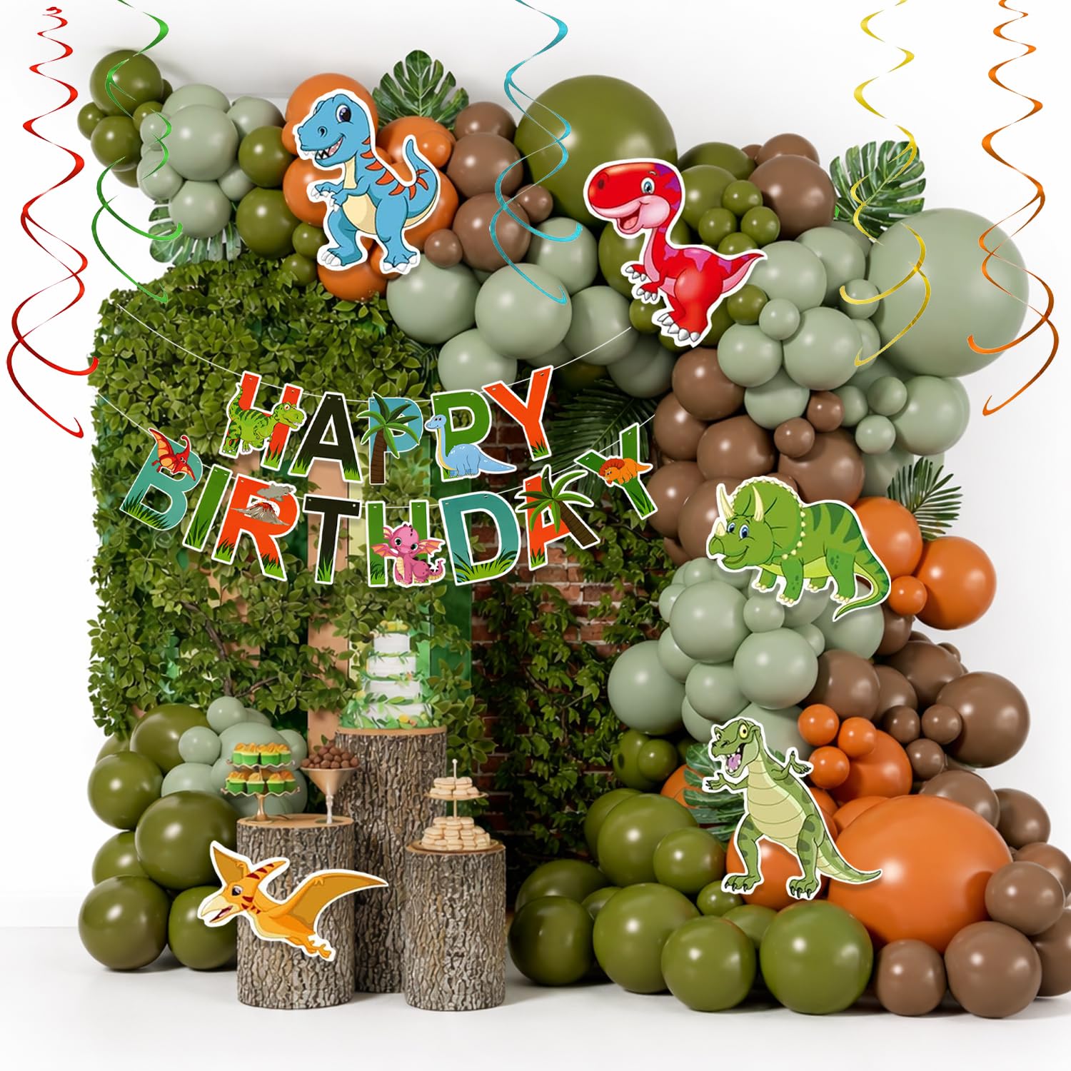 Velunza Set Of 55 Pcs Dinosaur Theme Birthday Decoration Kit With Happy Birthday Paper Banner, Dinosaur Cutouts, Green Brown Ora