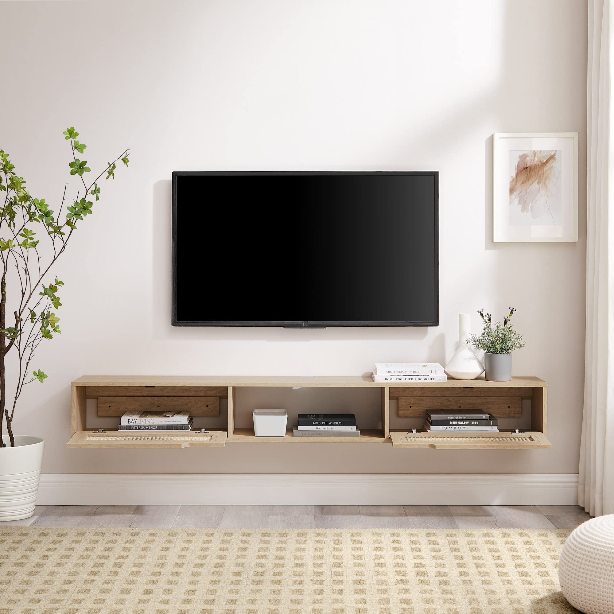 Walker Edison Modern Rattan Flip-Down-Door Wall-Mounted Floating Stand For Tvs Up To 80 Inches, 70 Inch, Coastal Oak
