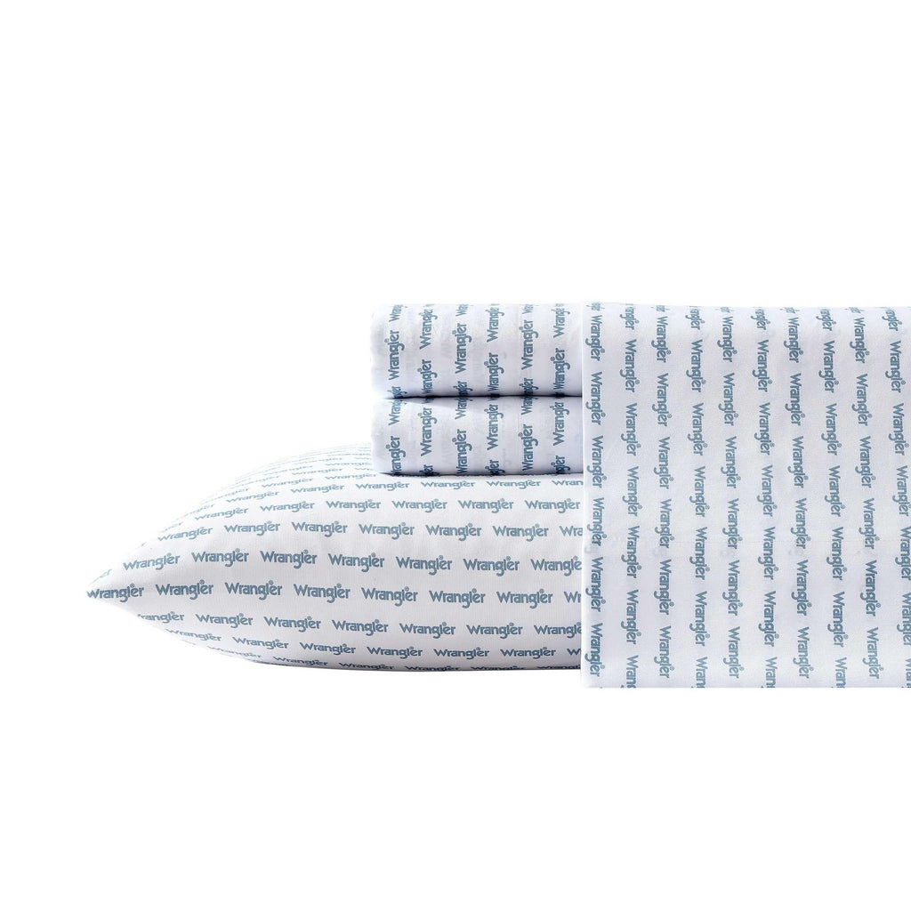 Wrangler - Sheet Set, Breathable & Wrinkle Resistant Bedding, Includes Matching Sham & Pillowcase, Yellowstone Inspired, Western Luxurious Bedding Set (Stamped Logo Blue, Twin)
