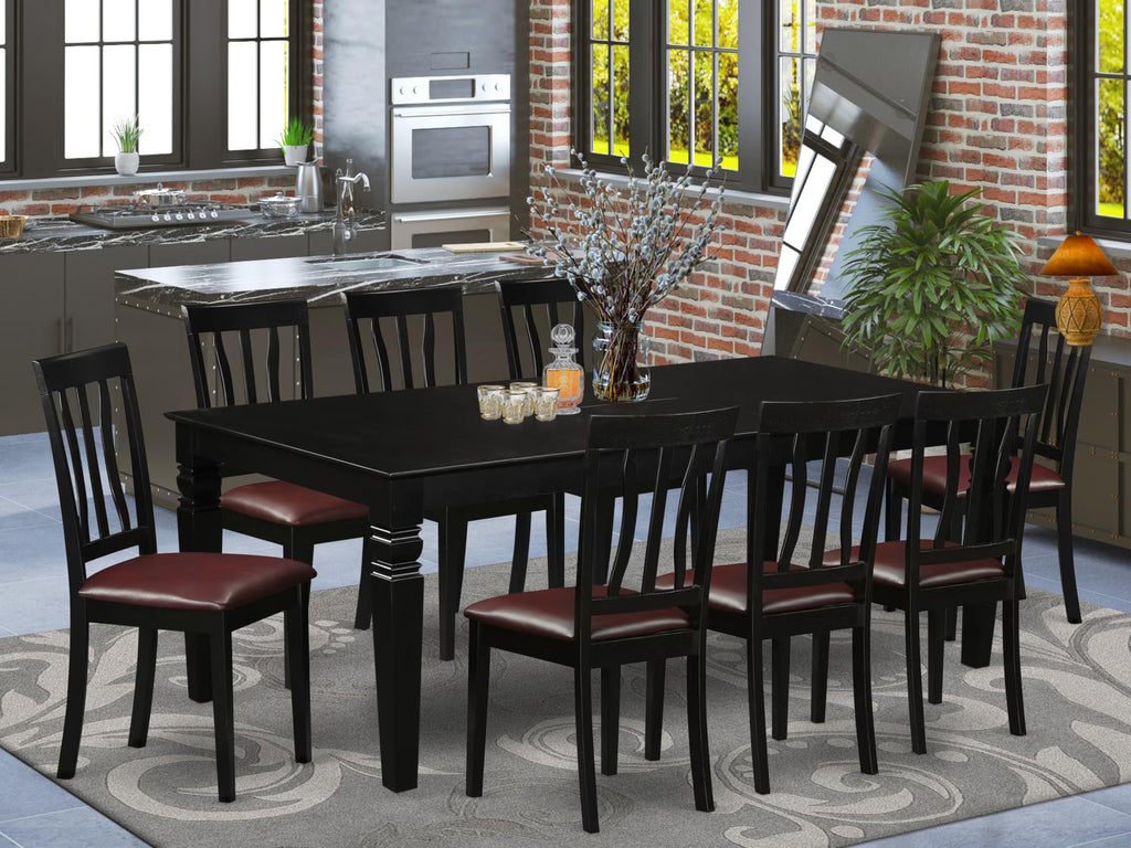 East West Furniture LGAN9-BLK-LC 9 Piece Dining Table Set Includes a Rectangle Dinner Table with Butterfly Leaf and 8 Faux Leather Dining Room Chairs, 42x84 Inch, Black