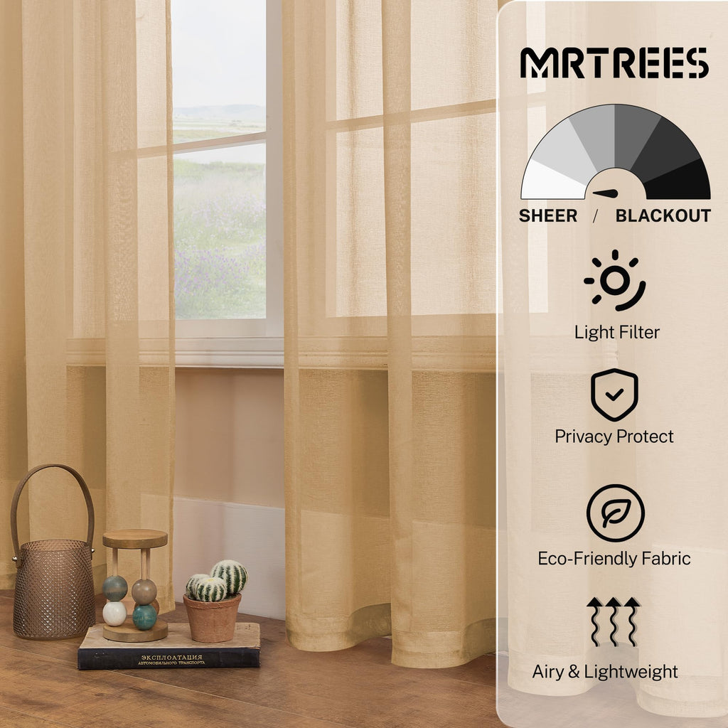 Mrtrees Sheer Curtains 84 Inch Length Living Room Bedroom Curtain Panels Rod Pocket Transparent Voile Sheer Beige Window Treatme