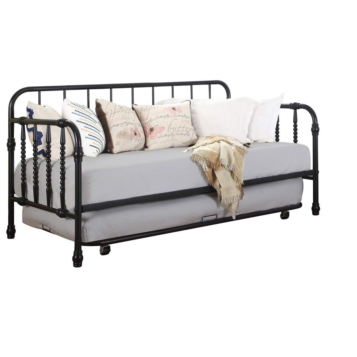 Coaster Home Furnishings Marina Transitional Heavy Duty Metal Twin Size Daybed with Trundle Bed for Guestroom 42-inch Headboard Bedroom Lounger Black 300765