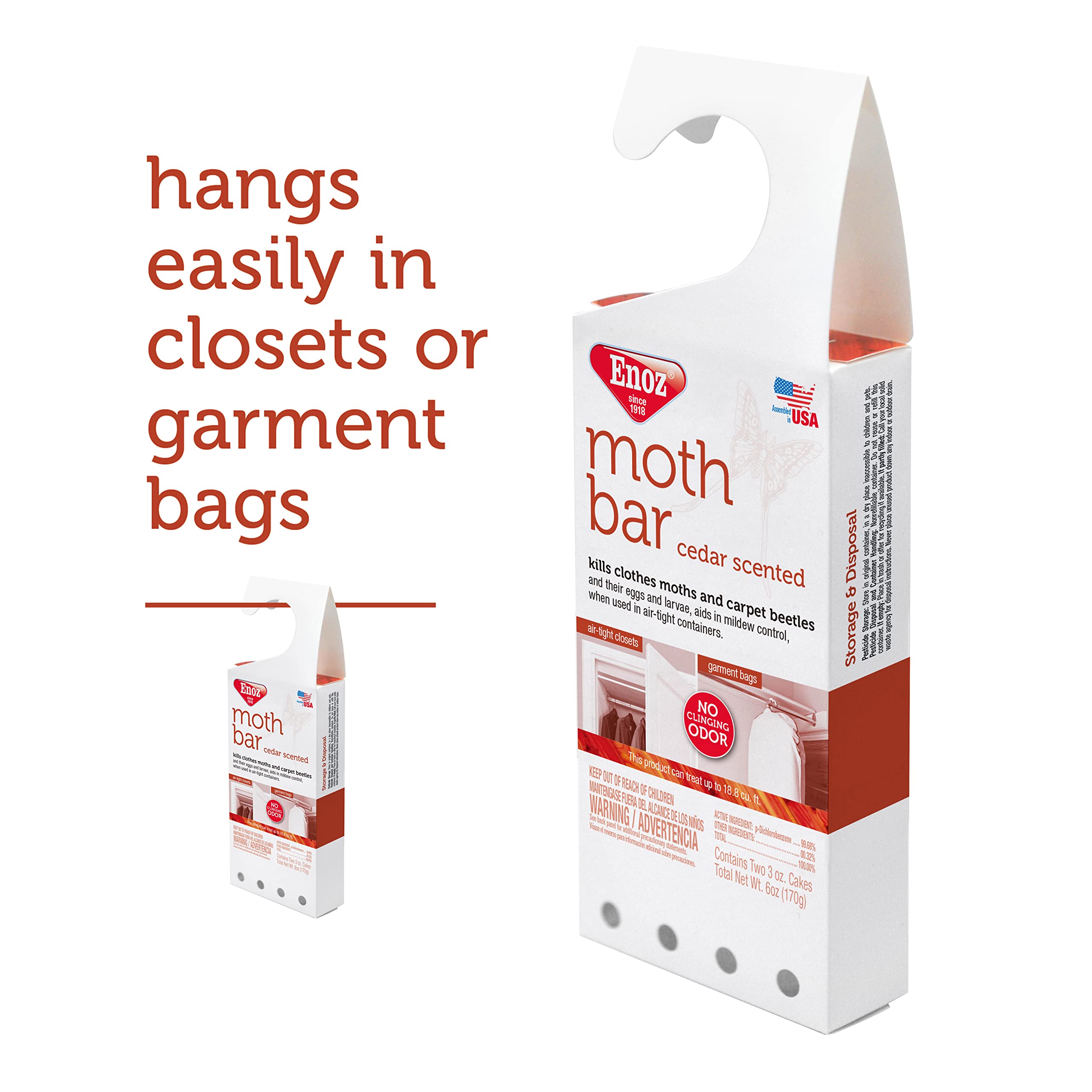 Enoz Cedar Scented Moth Cakes, Kills Clothes Moths And Carpet Beetles, No Clinging Odor, Cedar Scented, 6 Oz Hanger, 6 Pack