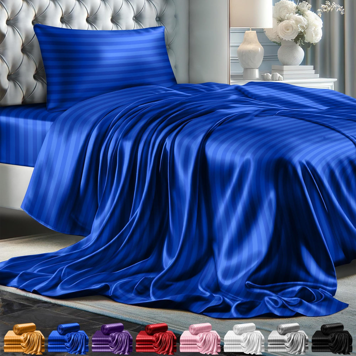 Decolure Striped Satin Sheets Twin Size Set 3 Pcs - Silky & Luxuriously Soft Satin Bed Sheets W/ 15 Inch Deep Pocket - Double St