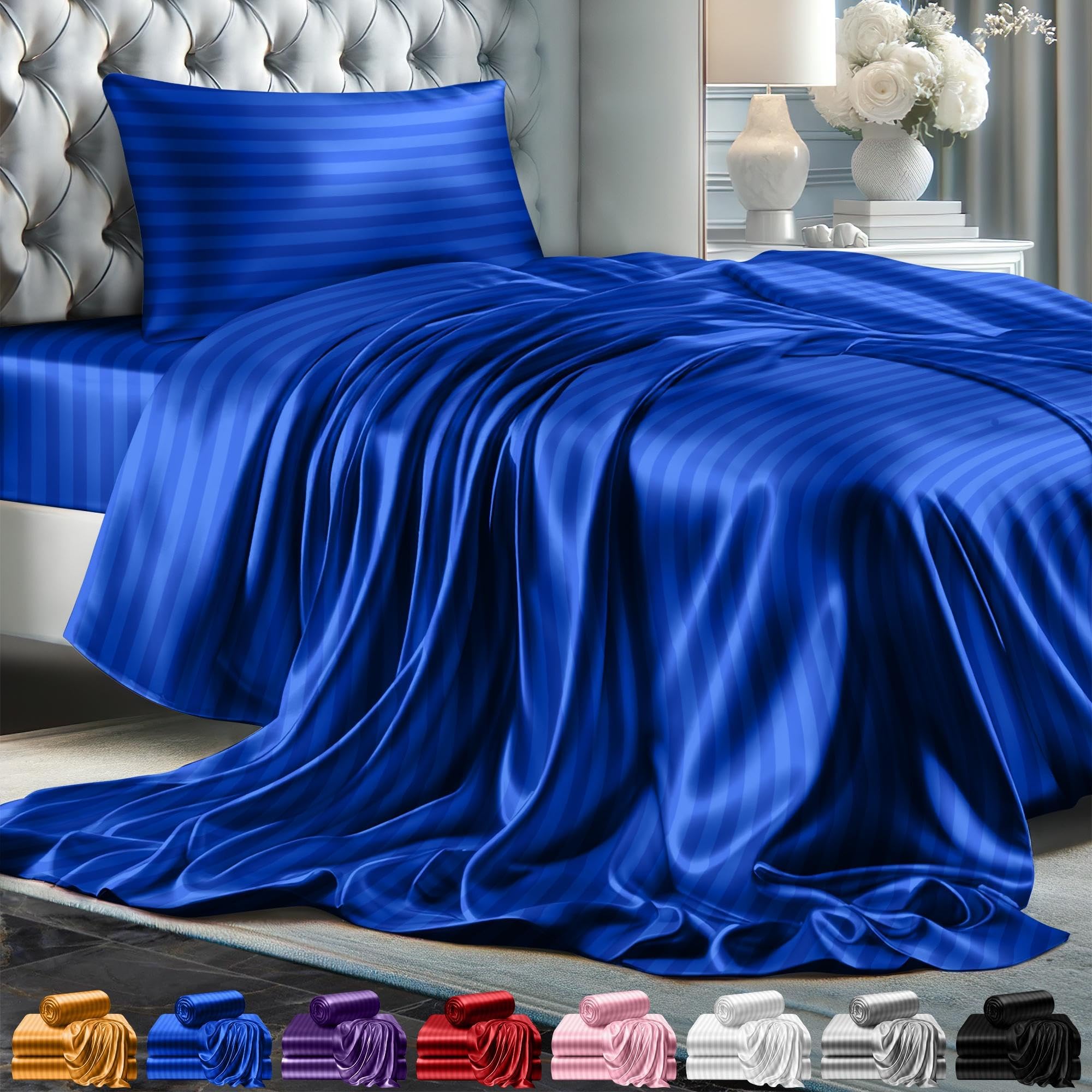 Decolure Striped Satin Sheets Twin Size Set 3 Pcs - Silky & Luxuriously Soft Satin Bed Sheets W/ 15 Inch Deep Pocket - Double St