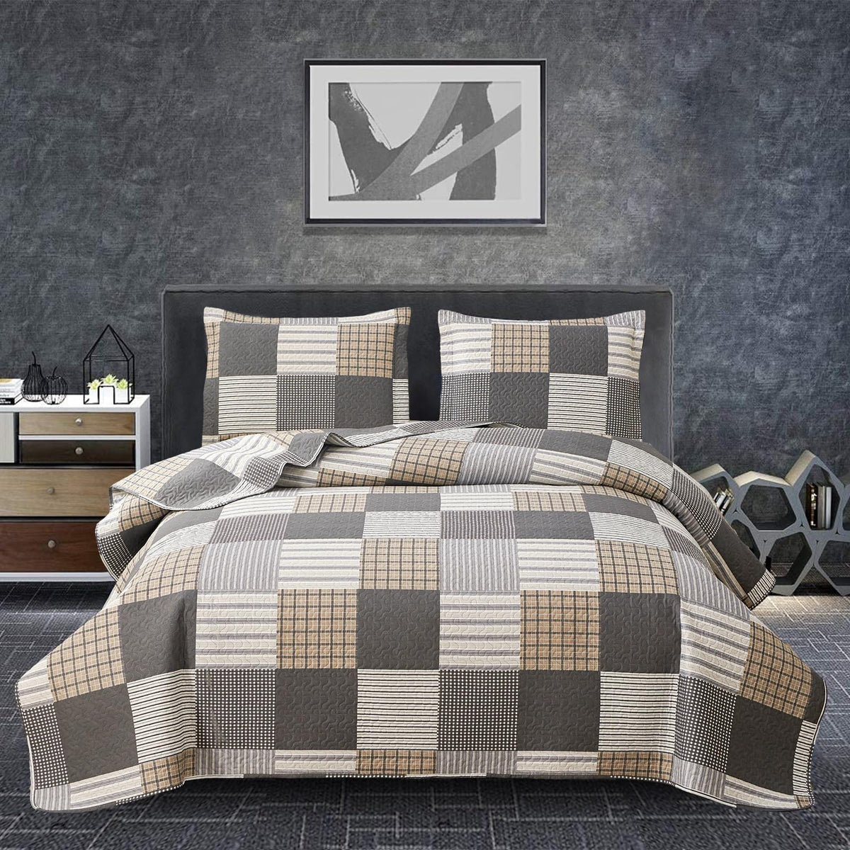 Plaid Quilt Set Queen Size Bedspread Coverlet Plaid Patchwork Quilt Set Bedding Boys Mens Brown White Plaid Bedspread Lightweigh