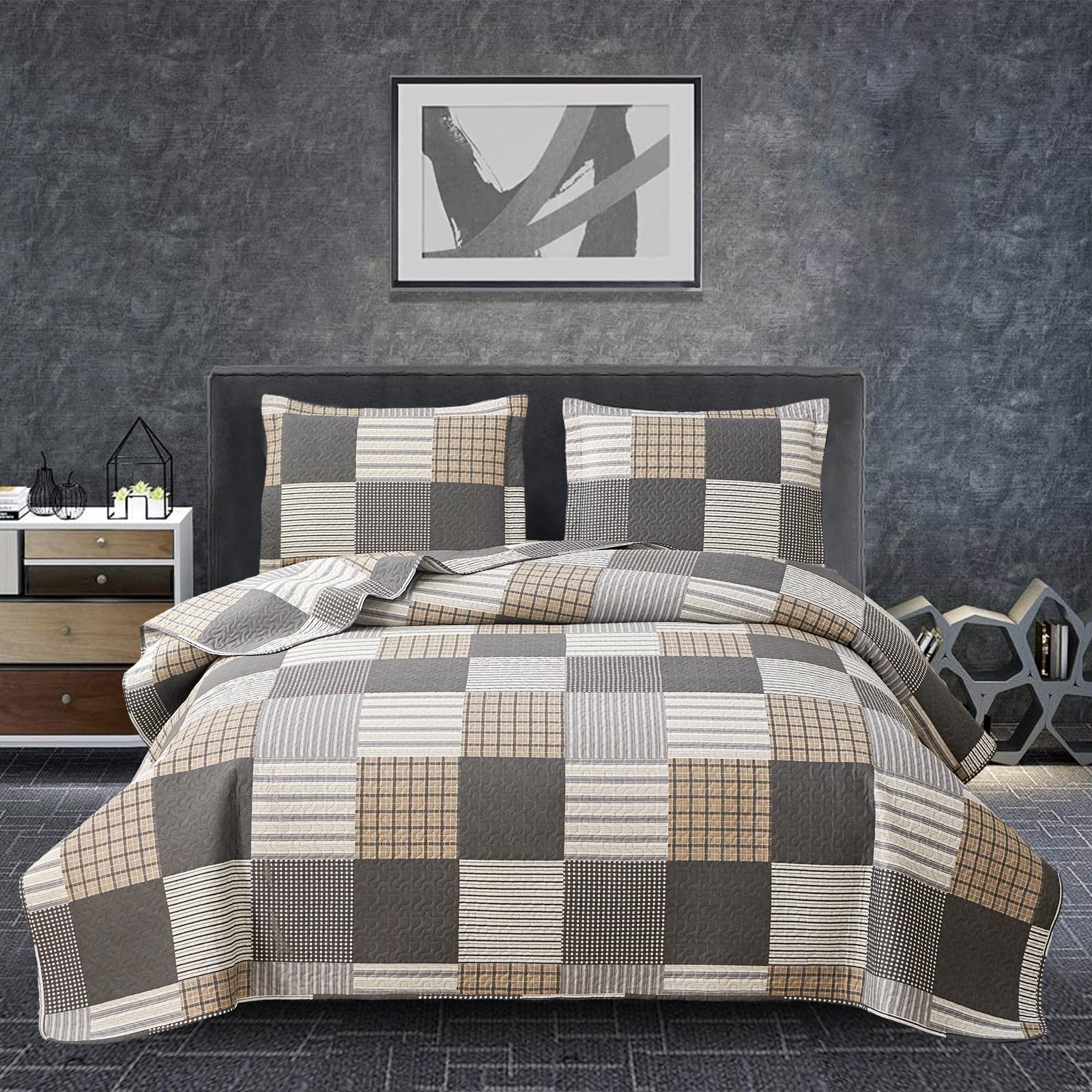 Plaid Quilt Set King Size Bedspread Coverlet Plaid Patchwork Quilt Set Bedding Boys Mens Brown White Plaid Bedspread Lightweight