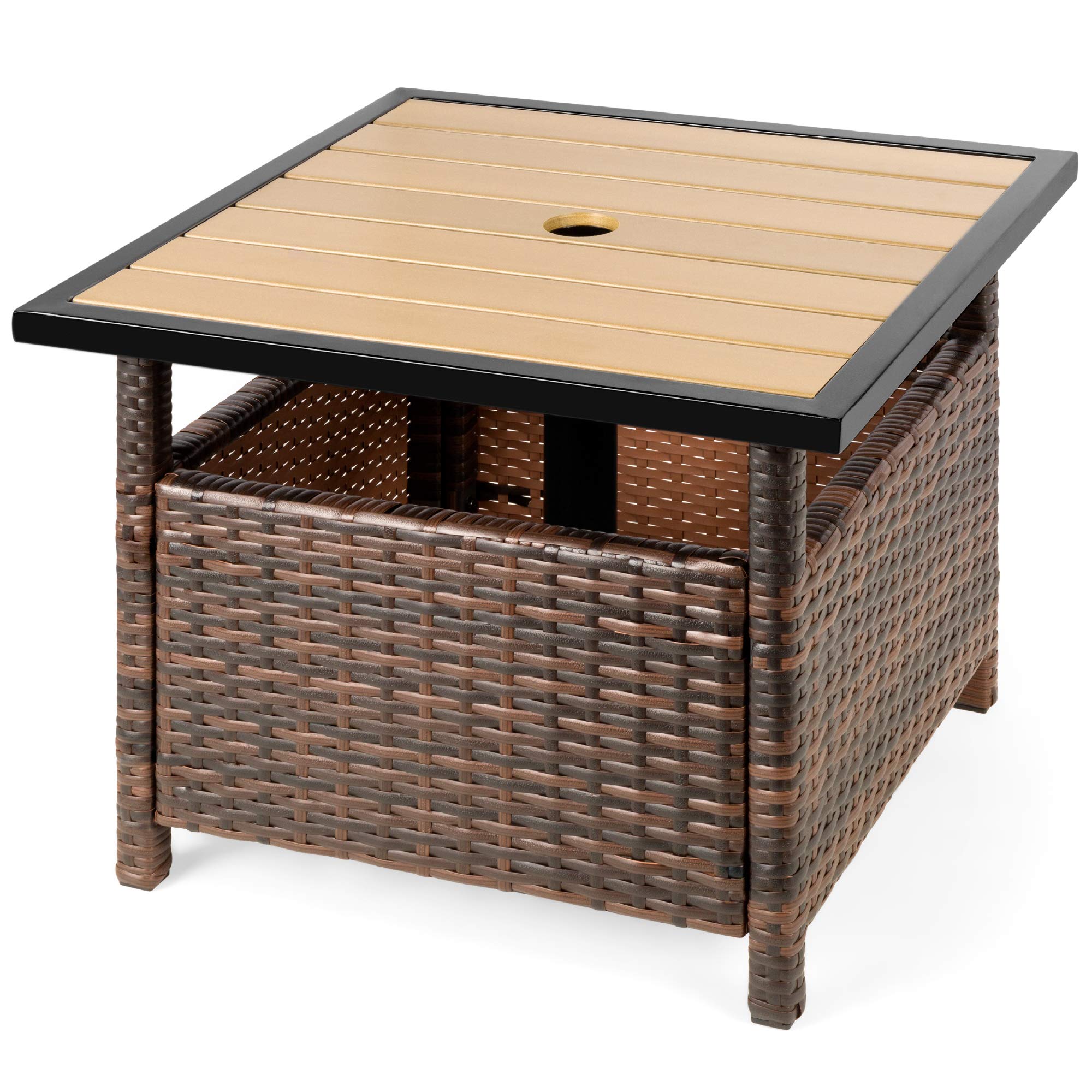 Best Choice Products Wicker Side Table With Umbrella Hole, Square Pe Rattan Outdoor End Table For Patio, Garden, Poolside, Deck W/Uv-Resistant Frame, Storage Space - Brown