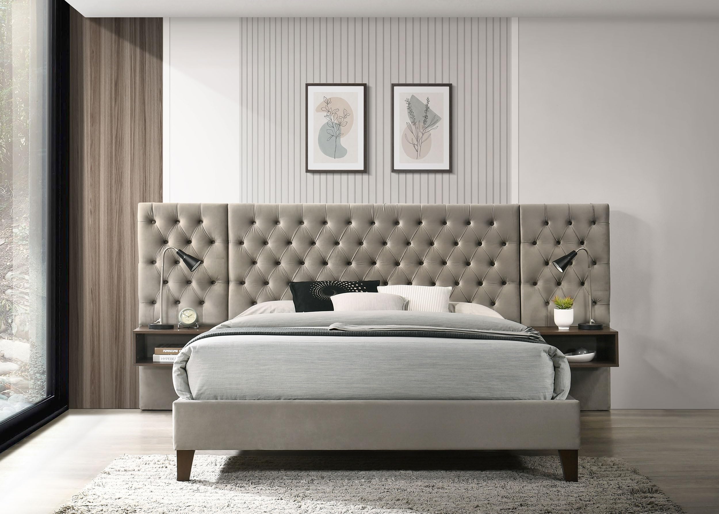 Coaster Home Furnishings Marley Transitional Velvet Upholstered Eastern King Size Wall Panel Bed Frame Platform Bed 48-inch Headboard Light Brown 300833KE