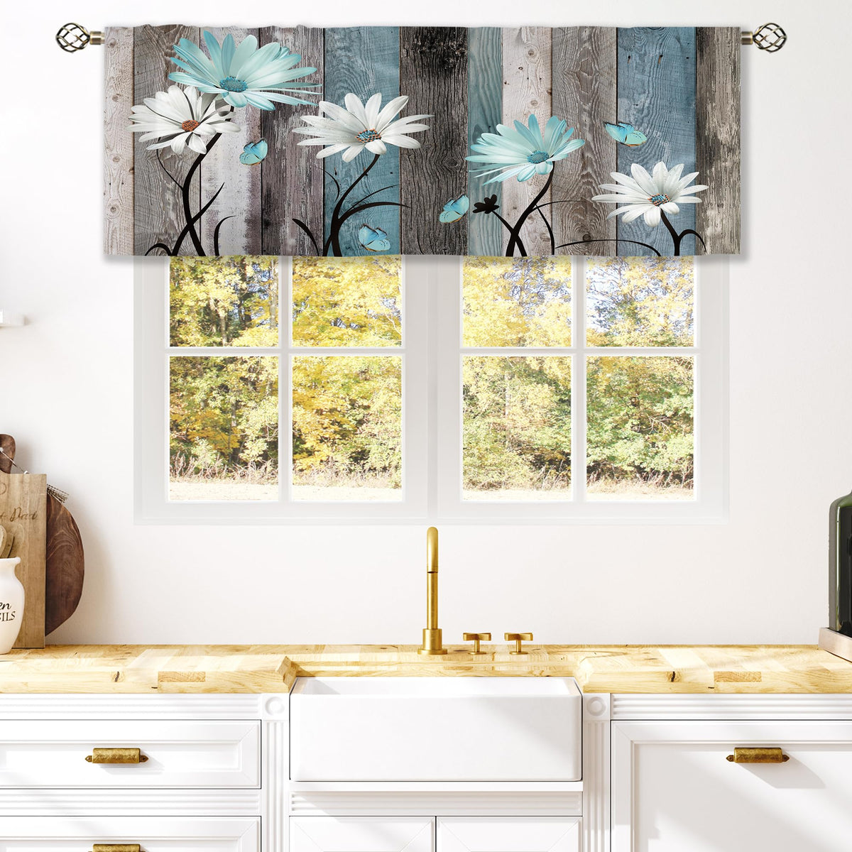 Laifzere Teal Farmhouse Daisy Curtain Valance For Window Treatments Wooden Flower Rod Pocket Kitchen Treatment Rustic Floral But