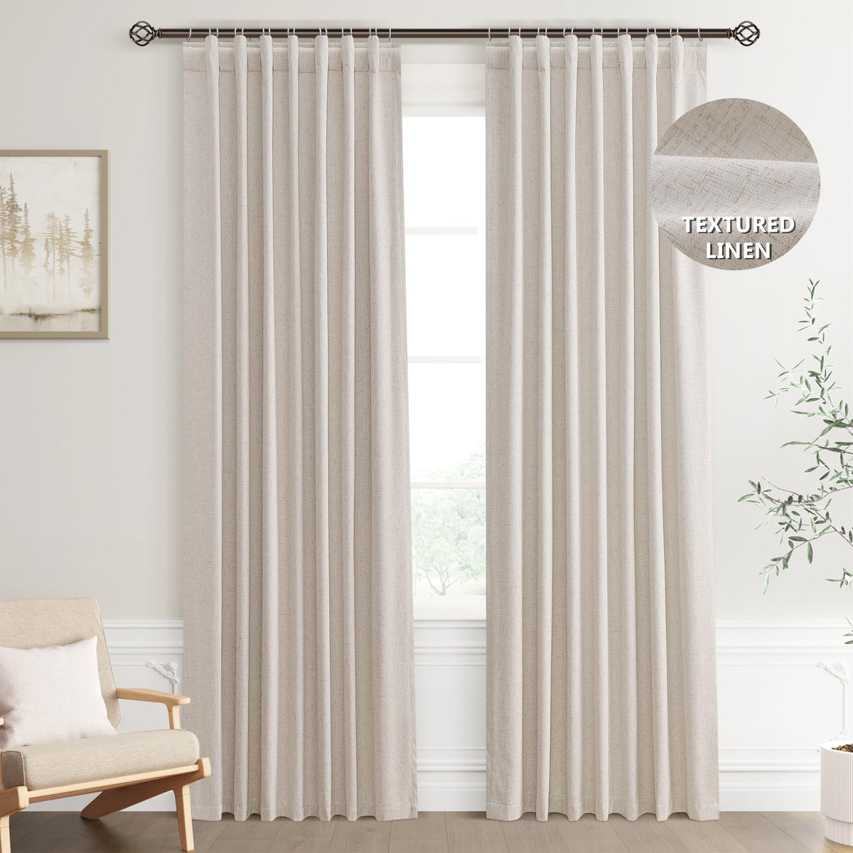 Joywell Sand Linen 100% Blackout Curtains 96 Inch Long, Rod Pocket/Back Tab/Hook Belt/Clip Rings,Thermal Insulated Drapes For Bedroom Living Room Ivory With Hooks(2 Panels,52 X 96,Sand Beige)