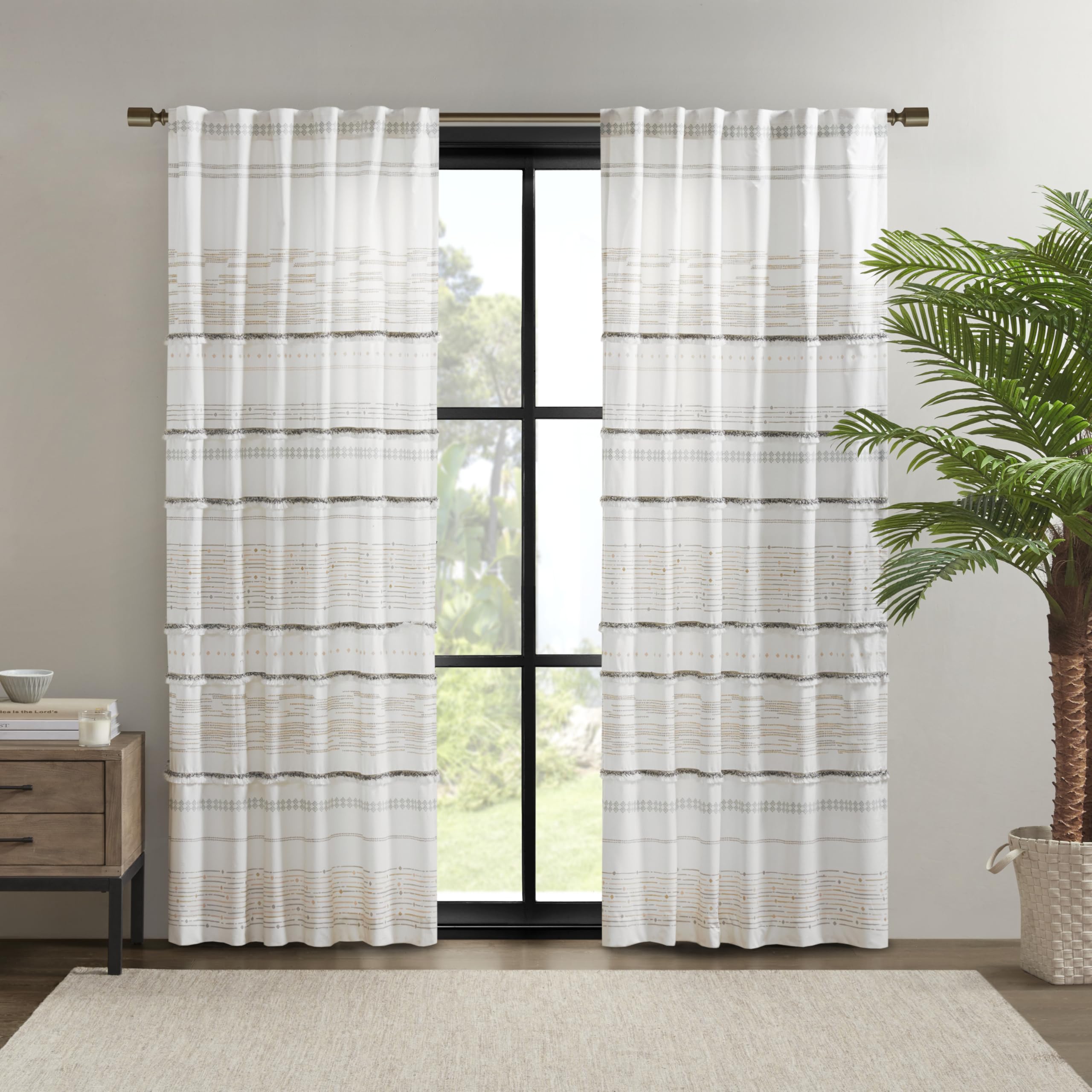 INK+IVY NEA 100% Cotton Single Panel Curtain Stripes Tassels Trim Boho Design Rod Pocket Top Drape for Living Room, Privacy Wind