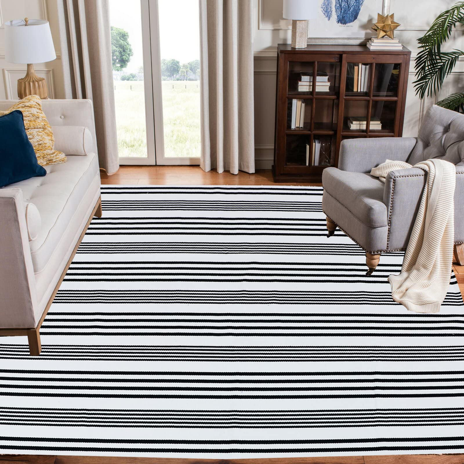 Black And White Striped Outdoor Indoor Rug 4' X 6' Front Porch Rug Cotton Hand-Woven Welcome Mats Layered Door Mats For Front Po