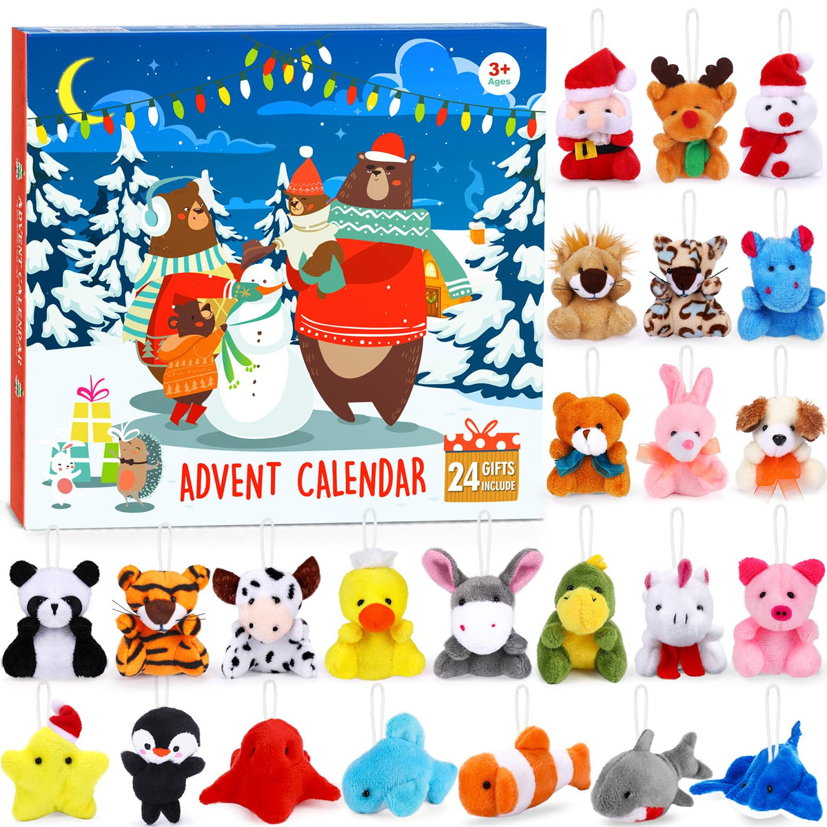 Christmas Advent Calendar 2024 for Kids 24 Days of Surprise Countdown Calendar Gift Box with Mini Animal Plush Toys Christmas St