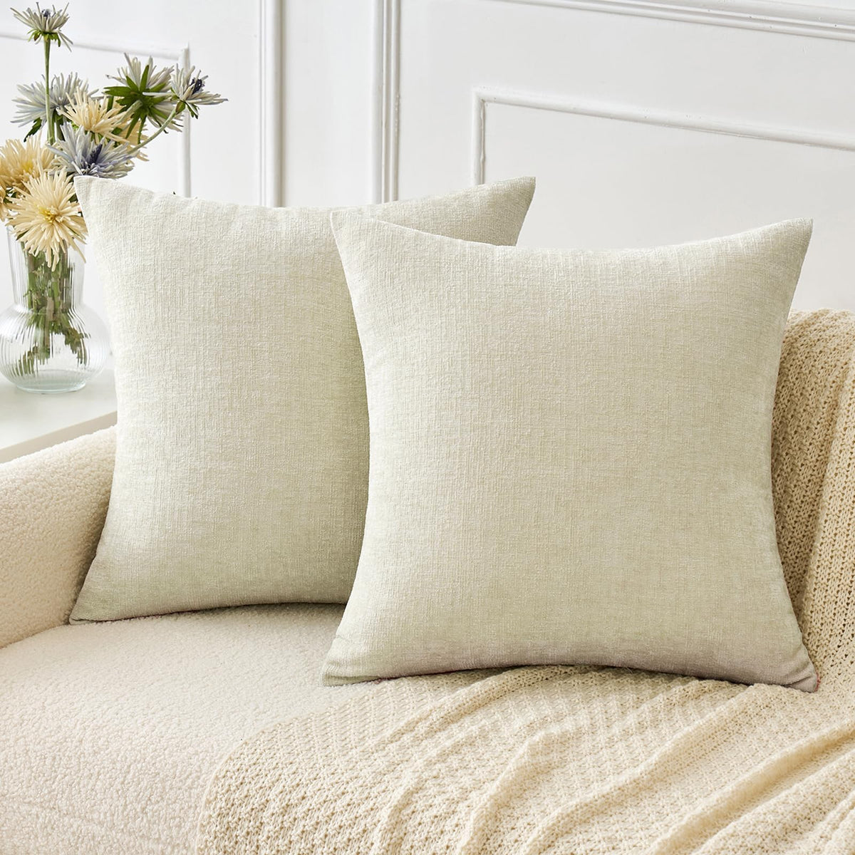 Miulee Pack Of 2 Cream Throw Pillow Covers 20X20 Inch Soft Chenille Pillow Covers For Sofa Living Room Couch Solid Dyed Cases