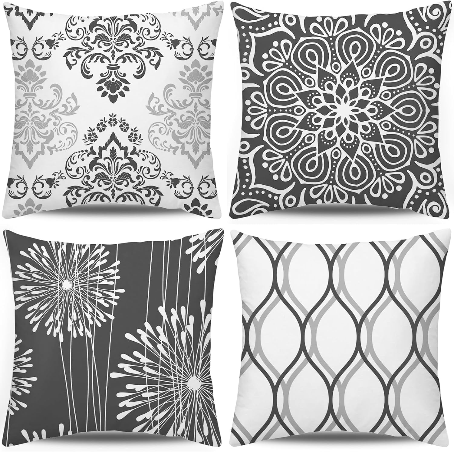 Decorative Throw Pillow Covers 20X20 Set Of 4, Dark Grey And White Modern Simple Square Pillow Case Cushion Cover For Sofa Couch