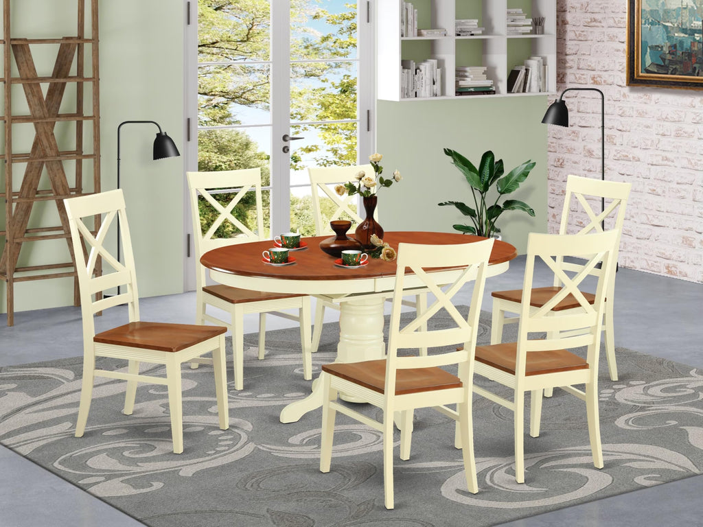 East West Furniture AVQU7-WHI-W Dining Room Table Set - 6 Great Kitchen Chairs with Wooden Seat - A Butterfly Leaf Pedestal Dining Table (Cherry & Buttermilk Finish)