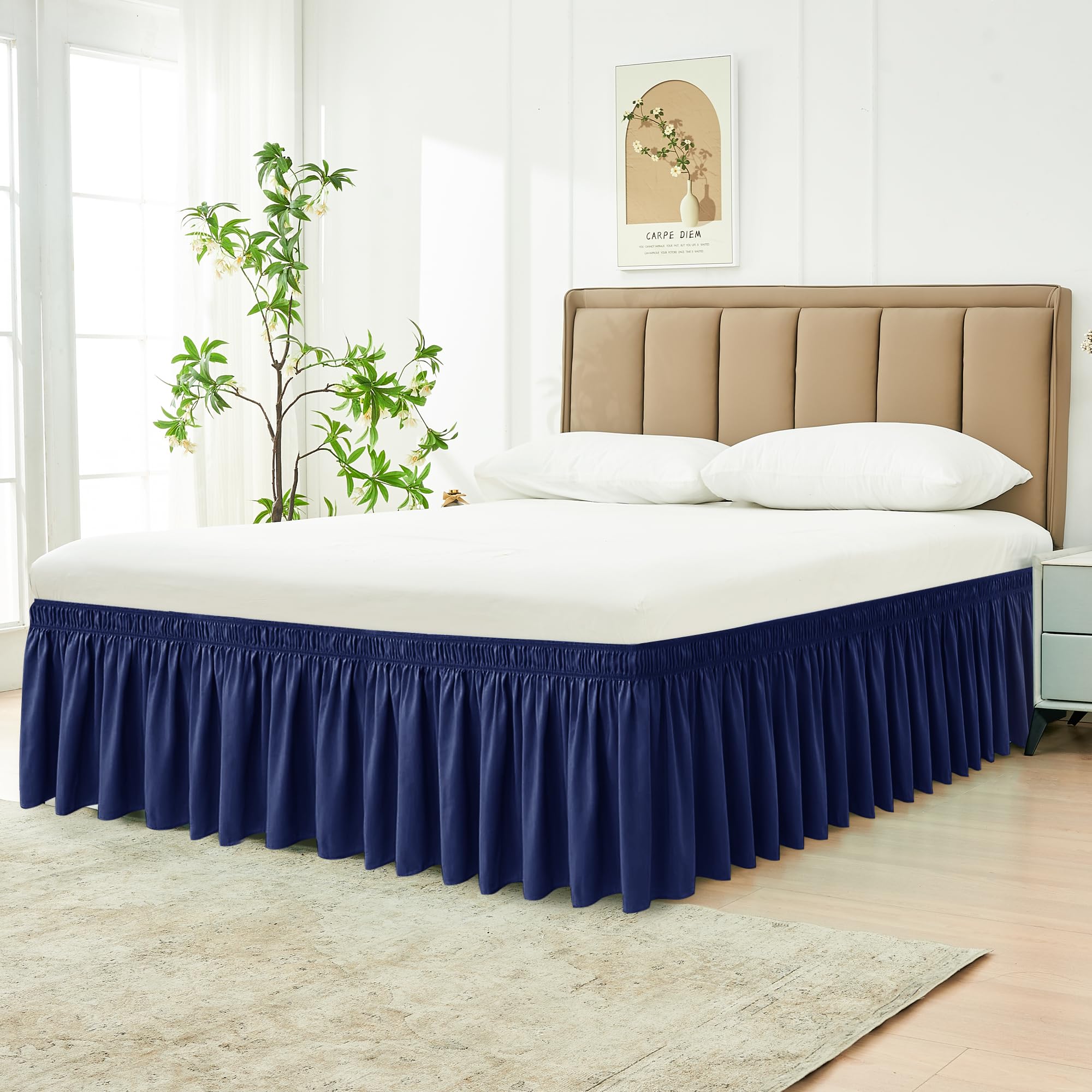 Biscaynebay Wrap Around Bed Skirts For King & Cal King Beds 16' Drop, Navy Adjustable Elastic Dust Ruffles Easy Fit Wrinkle & Fade Resistant Silky Luxurious Fabric Solid Machine Washable