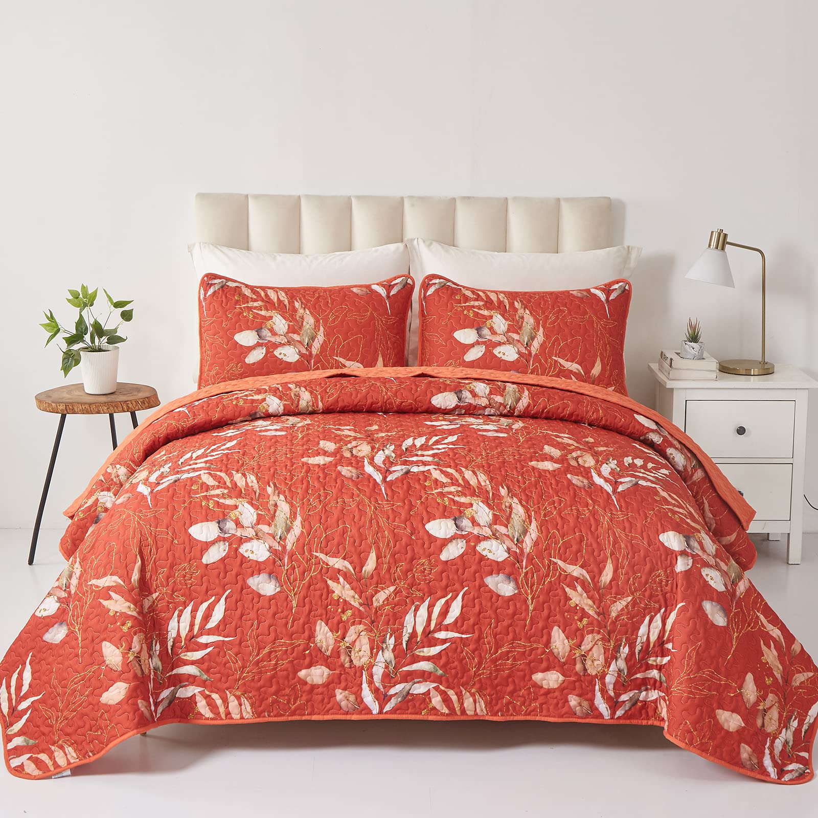 3 Pieces Floral Quilt Set King Size,Terracotta Leaf King Quilt Set Burnt Orange Quilt Soft Bedspread King Size Bedding Set for A
