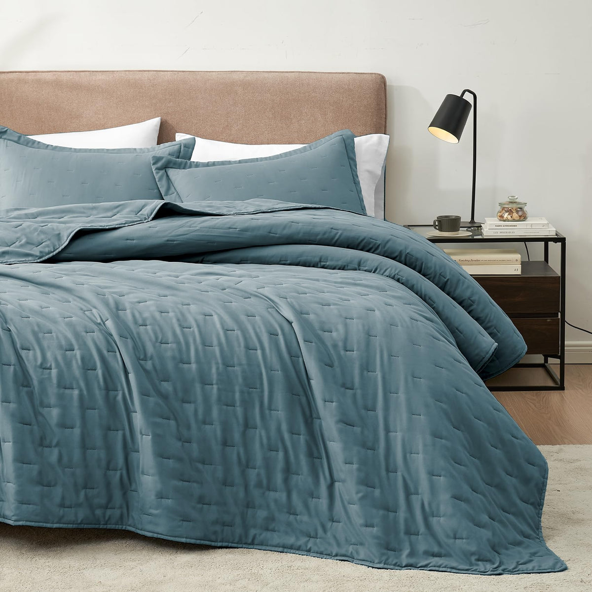 Hansleep Blue Quilt Twin Size - Pick Stitch Ultrasonic All Season Bedspread Twin, Soft Lightweight Coverlet Bedding Set, 2 Piece