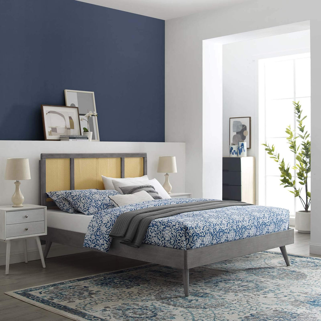 Modway Kelsea Cane And Wood Full Platform Bed With Splayed Legs In Gray