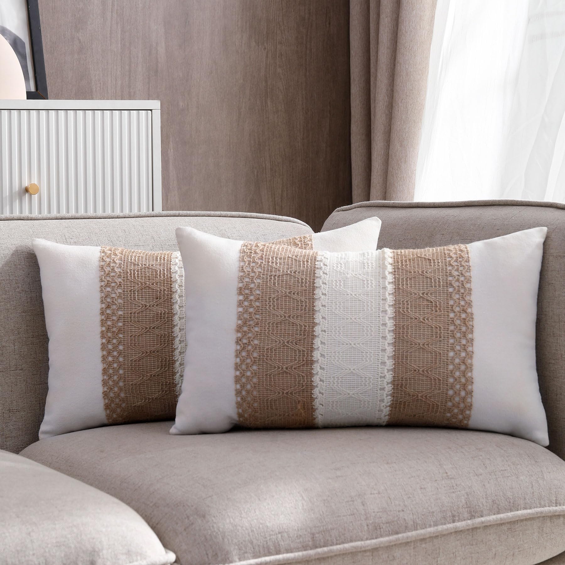 Hittun Boho Lumbar Throw Pillow Covers 12X20 Set Of 2 Soft Linen Farmhouse Pillow Covers, Rustic Neutral Decorative Throw Pillow