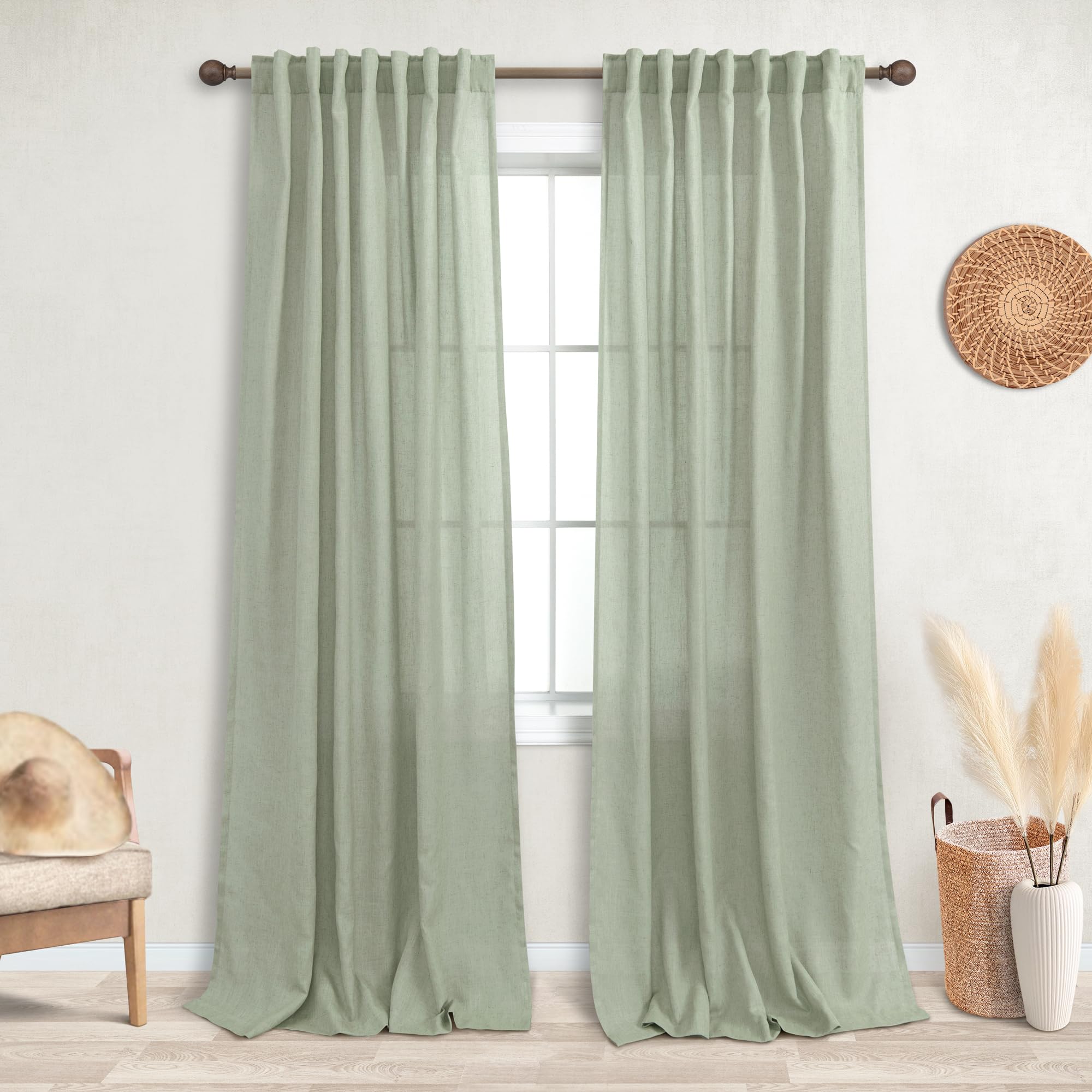 Koufall Sage Green Curtains 84 Inches Long For Bedroom 2 Panel Sets,Neutral Linen Boho Sheer Curtains For Living Room Window Bab