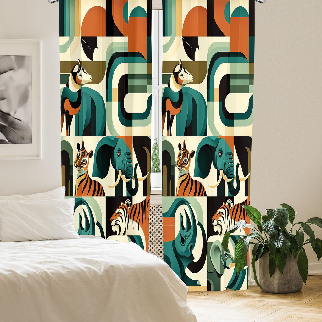 Ambesonne Animals Curtains, Urban Jungle Themed Modern Boho Detail Roundy Fox Elephant Tiger Print, Window Treatments 2 Panel Se