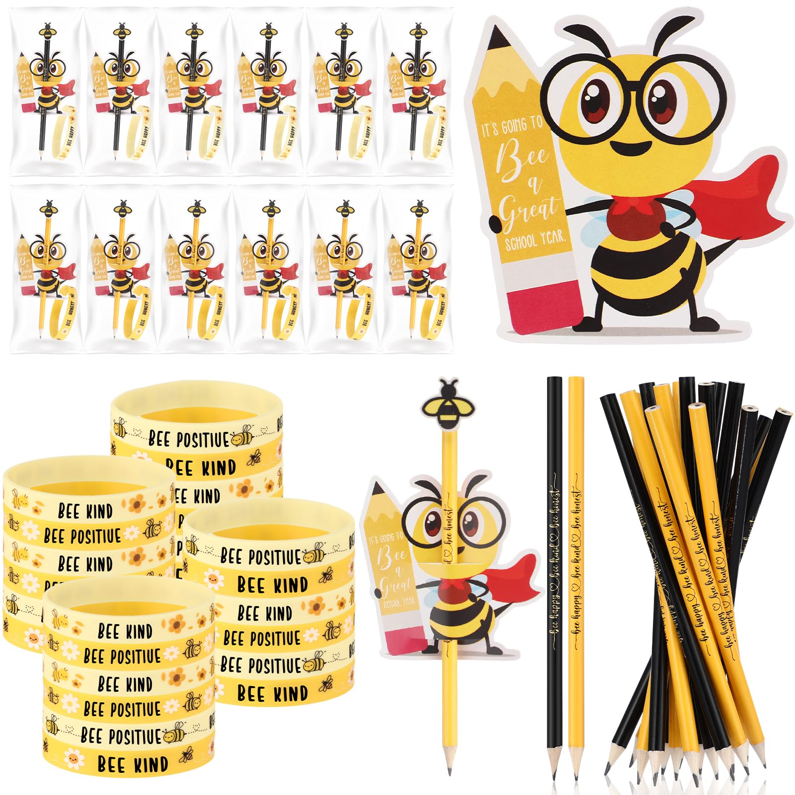 Weekgrat 36 Sets Bee Themed Back To School Gifts For Students From Teacher Bulk Cute Pencil Bee Erasers Silicone Bracelet Inspir