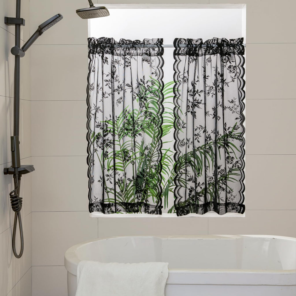 Seekright Black Lace Cafe Curtains 36 Inch Length Rod Pocket Privacy Sheer Short Kitchen Curtains 2 Panels Set Light Filtering B