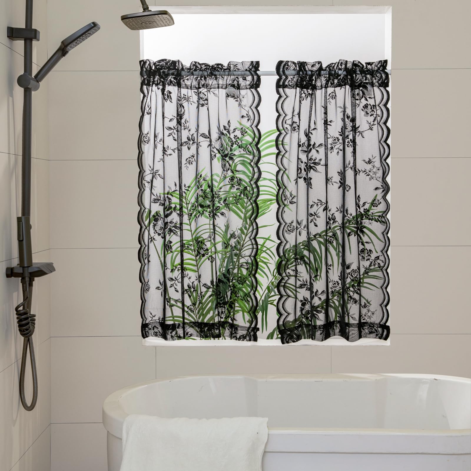 Seekright Black Lace Cafe Curtains 36 Inch Length Rod Pocket Privacy Sheer Short Kitchen Curtains 2 Panels Set Light Filtering B