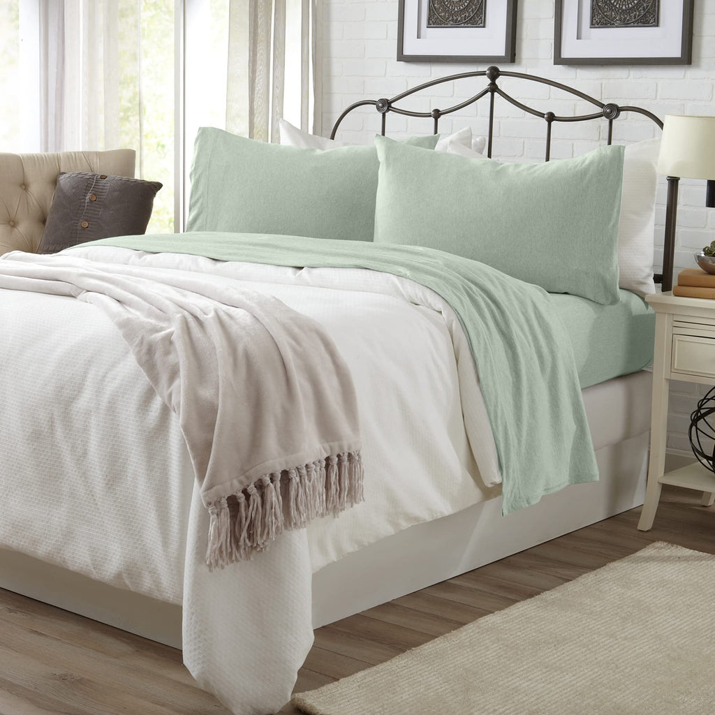 3 Piece Jersey Knit Twin Xl Cotton Blend Green Sheet Set | Ultra-Soft T-Shirt Jersey Bedding Sheets & Pillowcases | Heathered, B