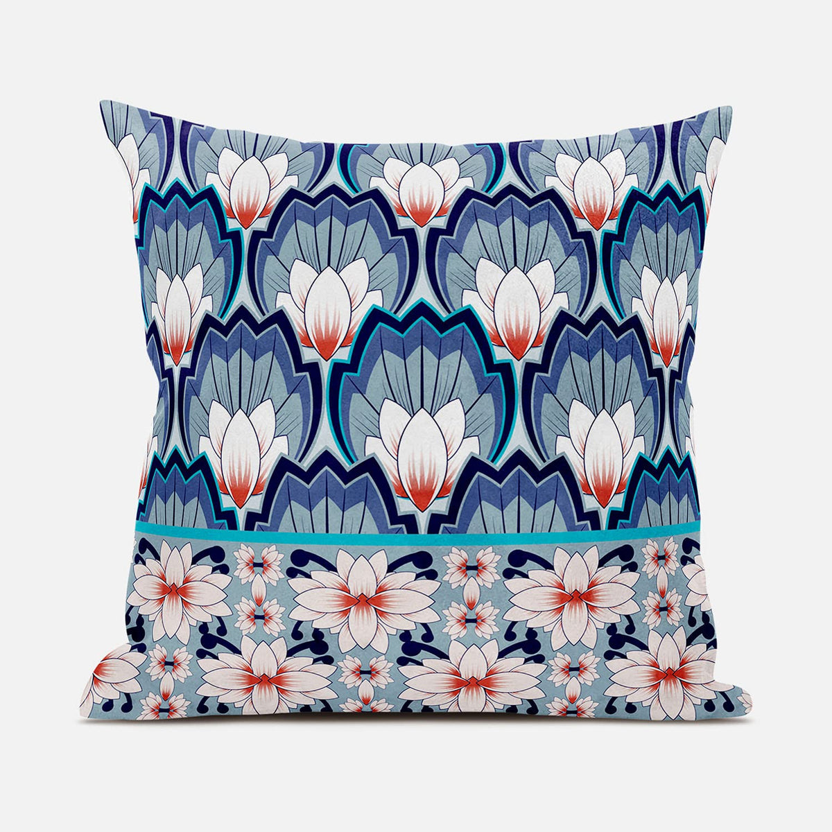 HomeRoots 26x26 Gray Blue Orange Blown Seam Broadcloth Floral Throw Pillow