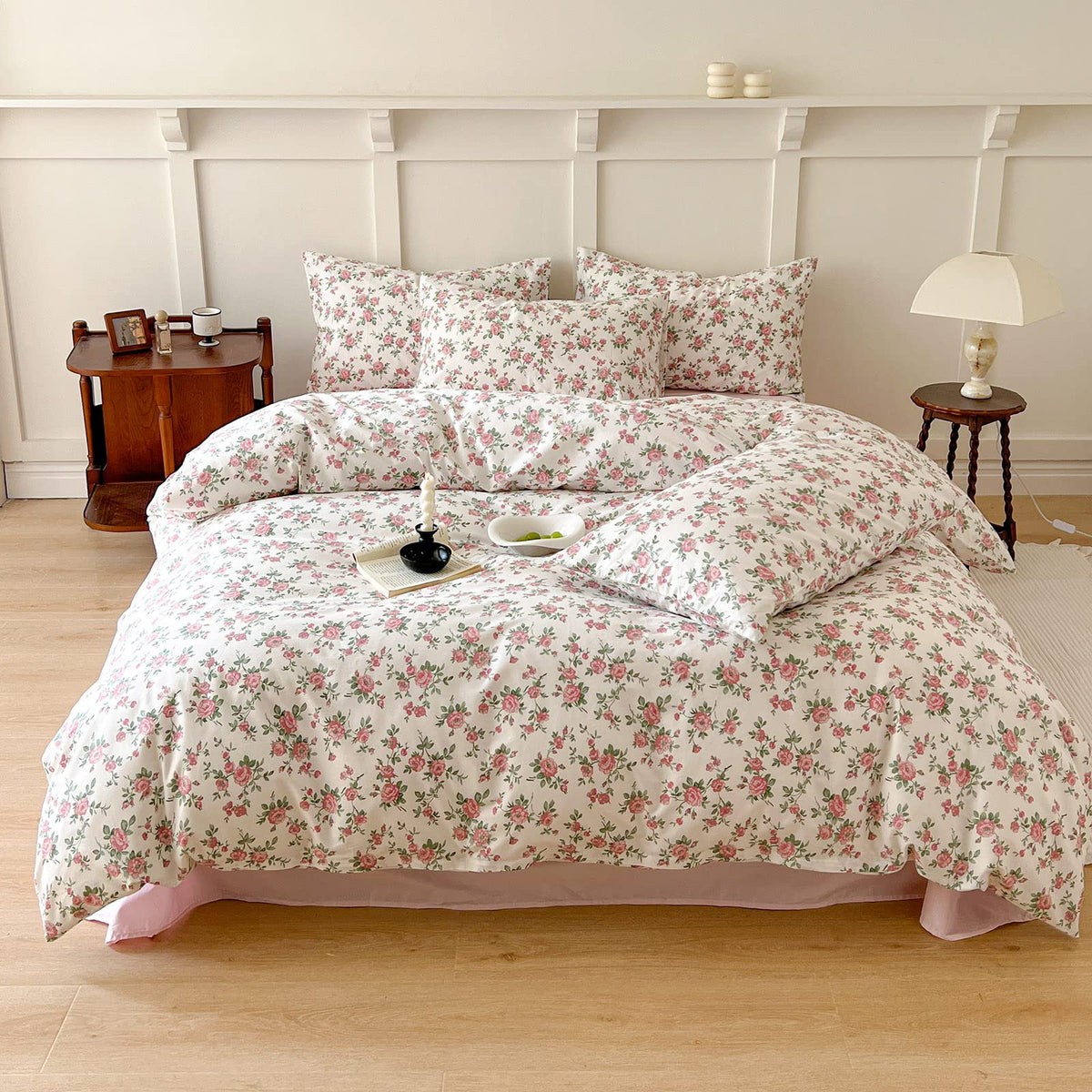 VM VOUGEMARKET Peach Blossom Bedding Set King Chic Pink Floral Duvet Cover with Zipper Closure 100% Cotton Girls Aesthetic Botan