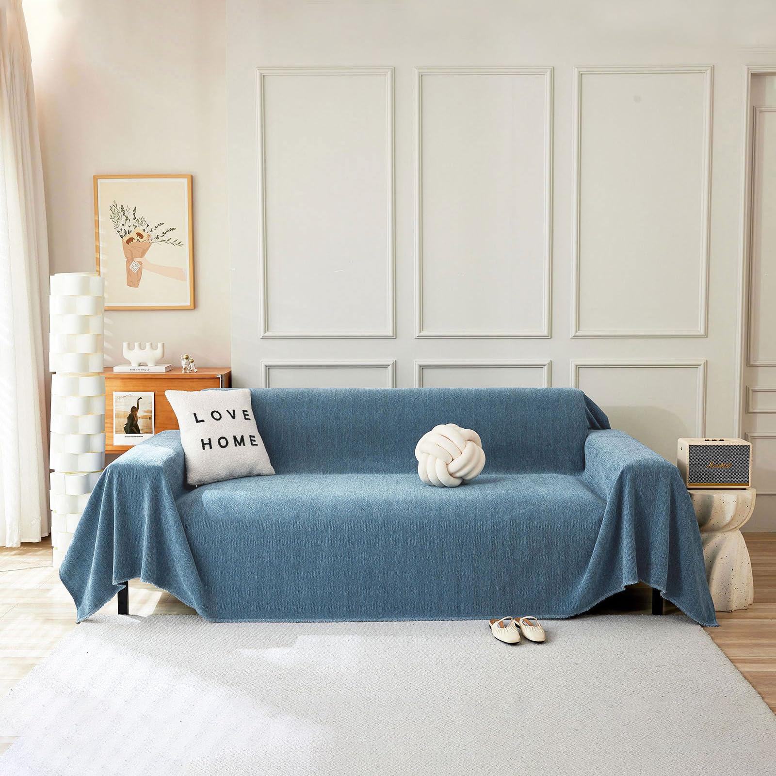 Handontime Couch Slipcover Dog Sofa Covers Boho Couch Cover For Dogs Blue Sofa Throw Cover Bohemian Sofa Covers For 3 Cushion Couch Herringbone Sectional Couch Cover Slipcovers For Sofas, 91' X150'