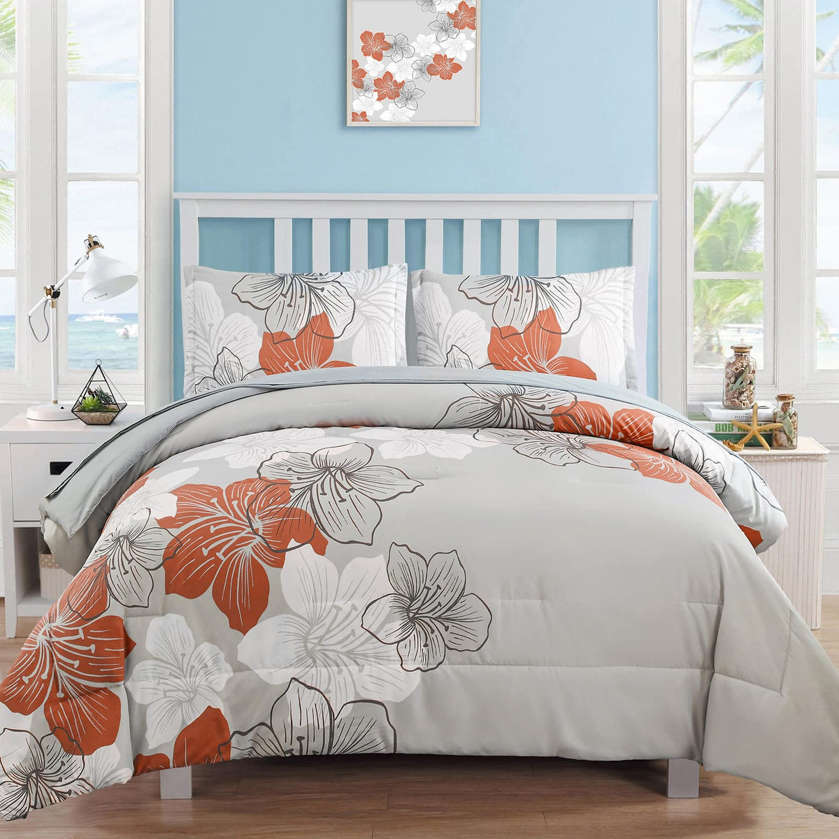 Floral Comforter Set King Size, Terracotta Floral Pattern Printed On Light Grey, Soft Microfiber 7 Pieces Bed In A Bag (1 Comfor