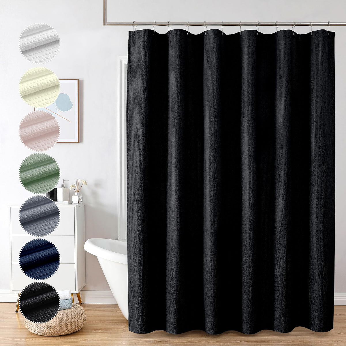 Ovzme Berry Black Fabric Shower Curtain - 3D Embossed Hotel Thick Quality Soft Cloth Shower Curtain, Waffle Water Repellent Text