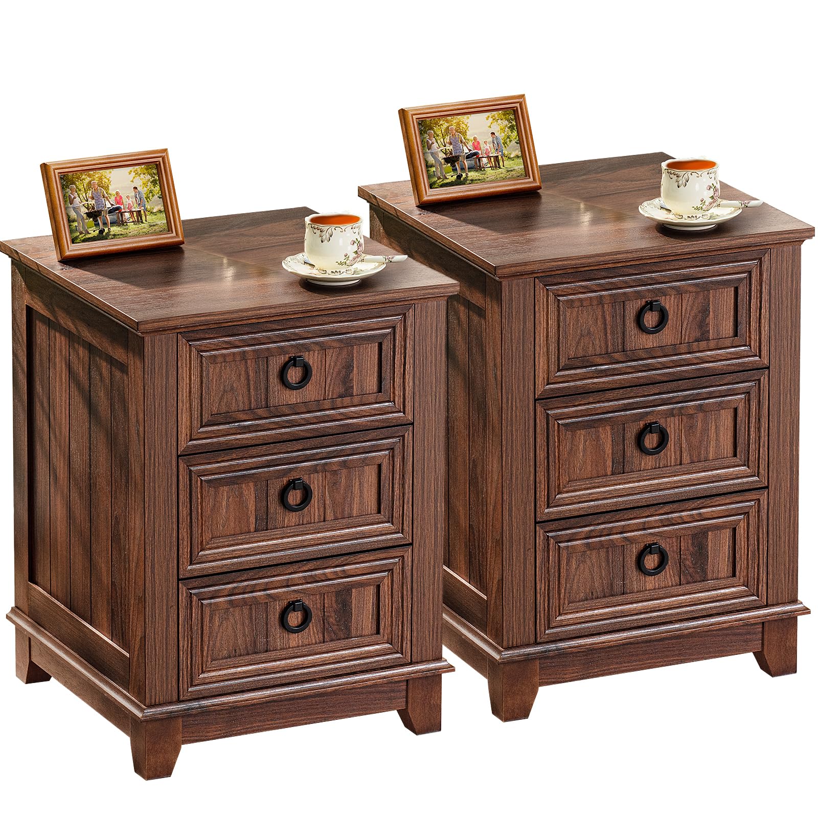 Joaxswe Farmhouse Nightstand Set of 2, 18 Inch End Table with 3 Drawer Metal Handle, Dresser for Bedroom, Sofa Bed Side Table Ch