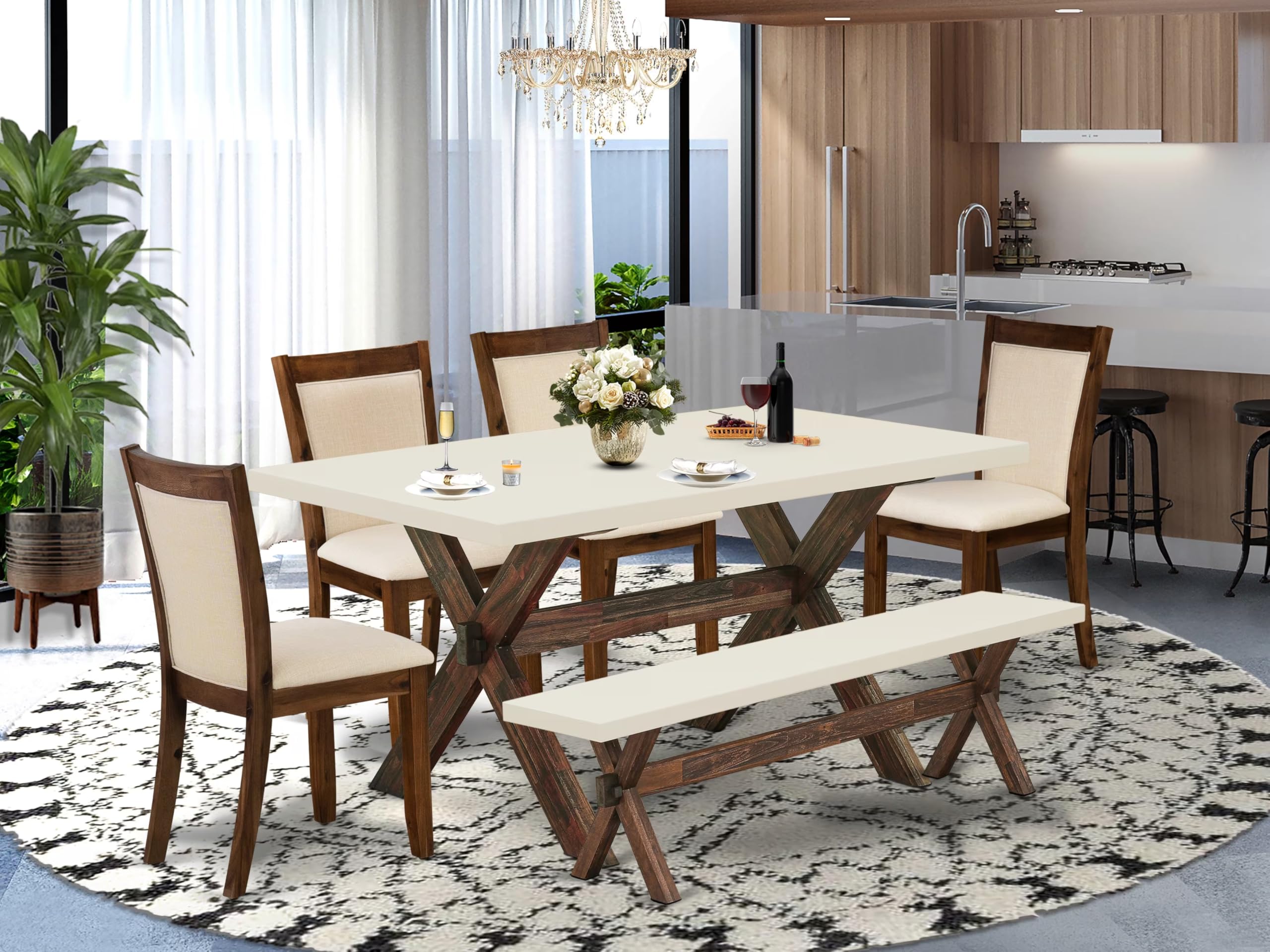 East West Furniture X726Mzn32-6 6 Piece Kitchen Table Set Contains A Rectangle Dining Table With X-Legs And 4 Light Beige Linen Fabric Parson Chairs With A Bench, 36X60 Inch, Multi-Color