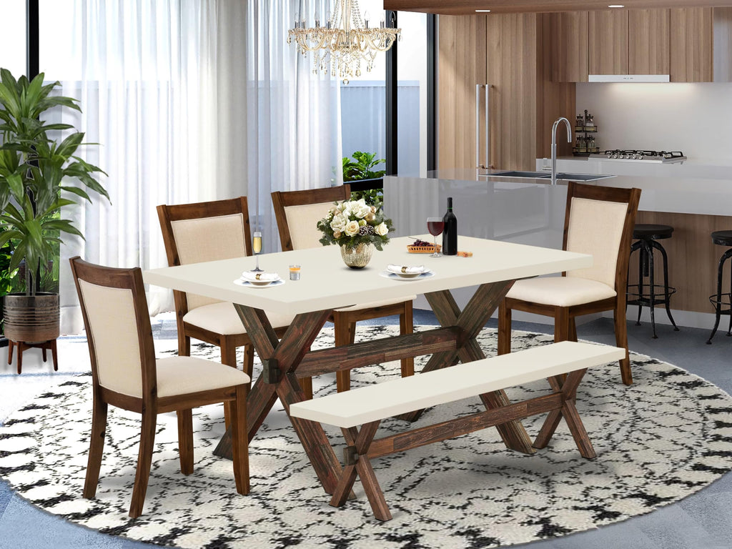 East West Furniture X726Mzn32-6 6 Piece Kitchen Table Set Contains A Rectangle Dining Table With X-Legs And 4 Light Beige Linen Fabric Parson Chairs With A Bench, 36X60 Inch, Multi-Color