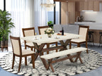 East West Furniture X726Mzn32-6 6 Piece Kitchen Table Set Contains A Rectangle Dining Table With X-Legs And 4 Light Beige Linen Fabric Parson Chairs With A Bench, 36X60 Inch, Multi-Color
